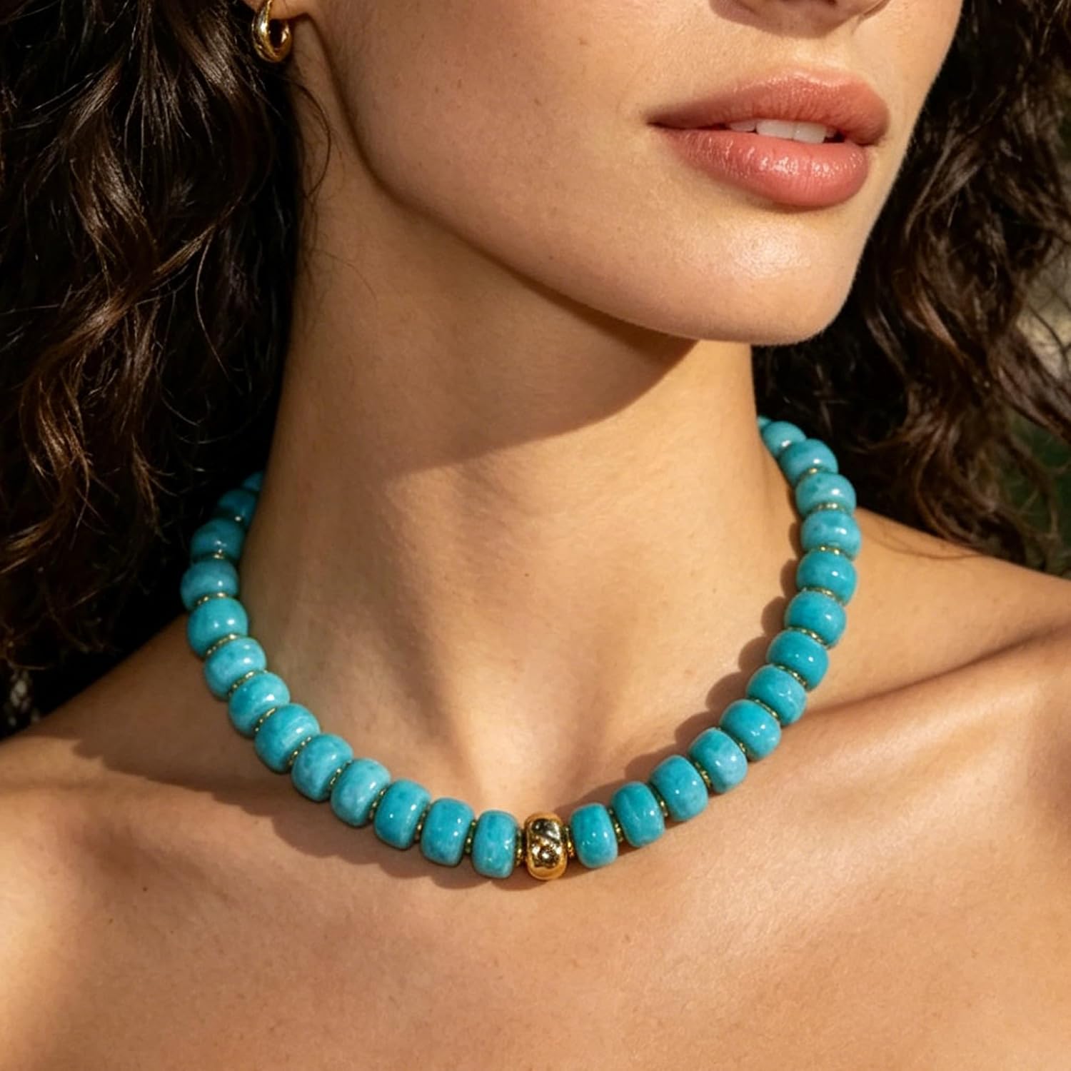 Chunky Colorful Bead Necklace Boho Rainbow Crystal Choker Handmade Summer Beach Jewelry for Women Surfer Style Waterproof Charm 14K Gold Plated Holiday Birthday Gift