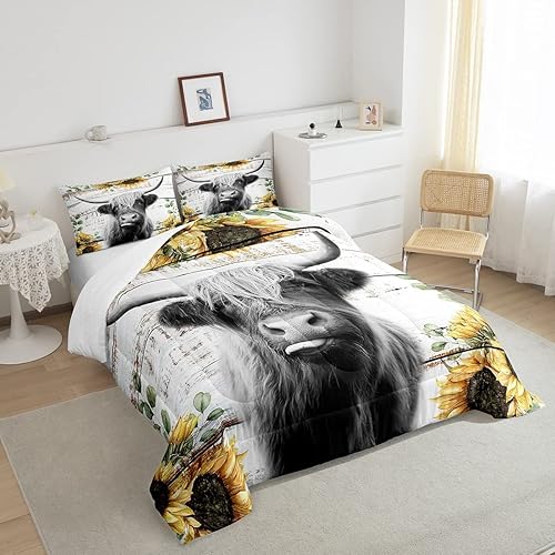 Miniatura 4 de Juego de ropa de cama de vaca de ganado de las tierras altas, tamaño King para niños y niñas, juego de edredón de girasol, para mujeres,