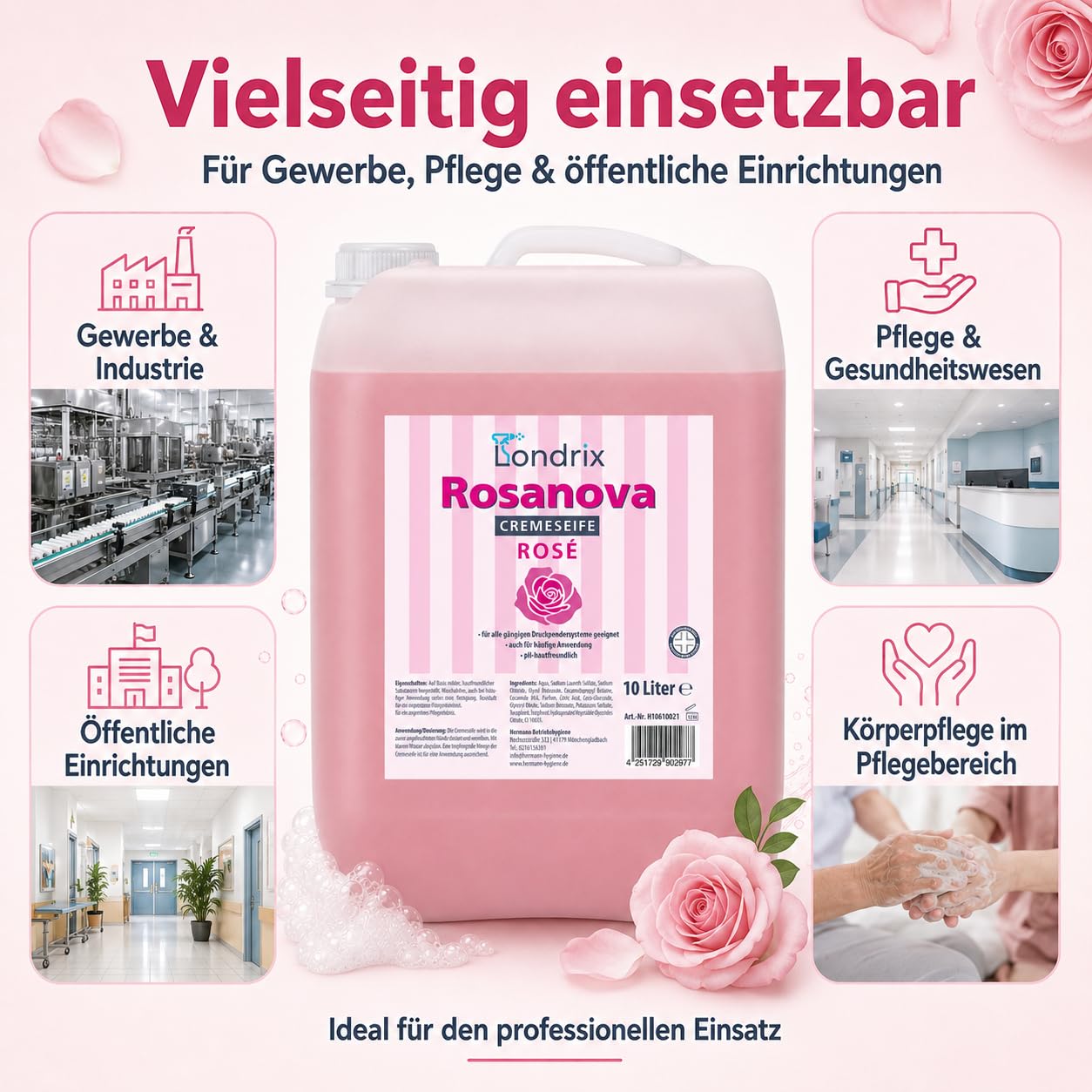 Londrix Rosanova Handseife Rose | 10 Liter Kanister | milde Waschlotion, Rosa Cremeseife & Flüssigseife für Druckspender, pH-neutral, rückfettend, hautfreundlich & dermatologisch getestet