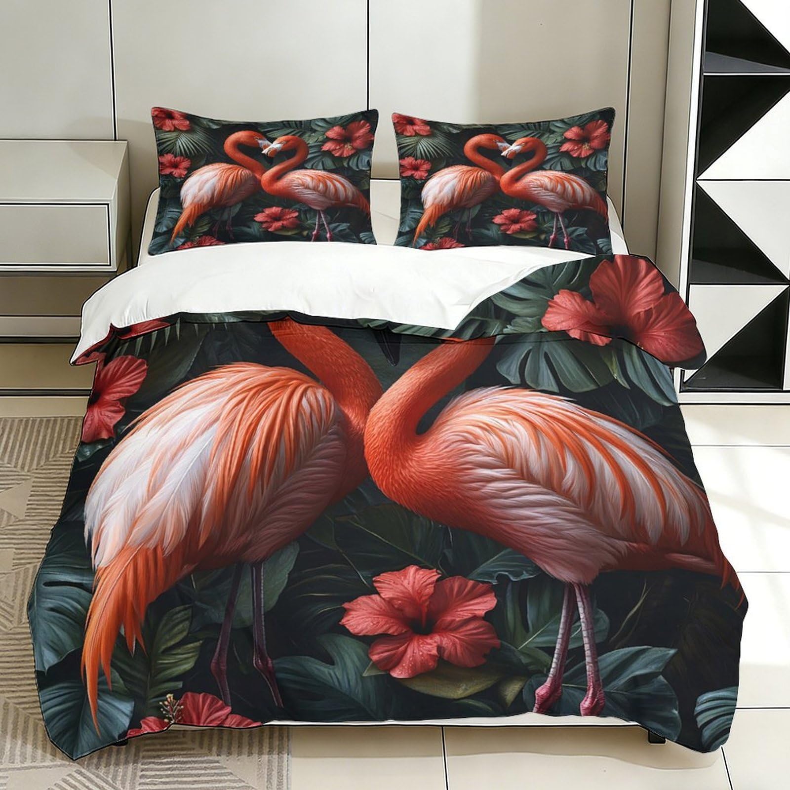 Flamingo-Pärchen Bettwäsche-Set, 3D Druck Kunststil im tropischen Garten, Microfaser 3 Teiliges, Kopfkissenbezug + Bettbezug,für Erwachsene Kinder Super King（260x220cm）
