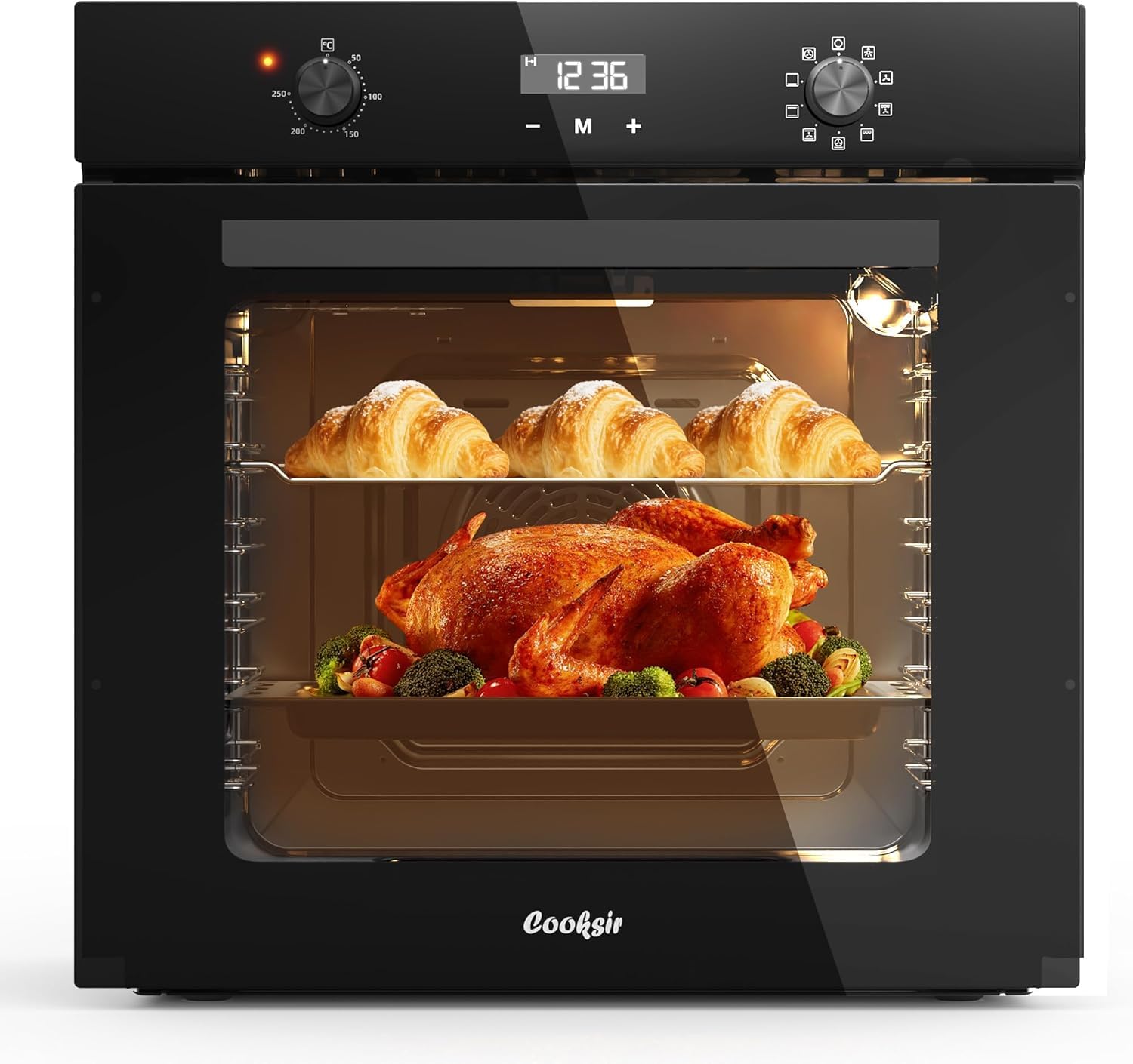 60cm Einbaubackofen 60 Liter 2800W 9 Funktionen Drehknopf Timer 10h Doppeltes Oberrohr Ventilator 230V