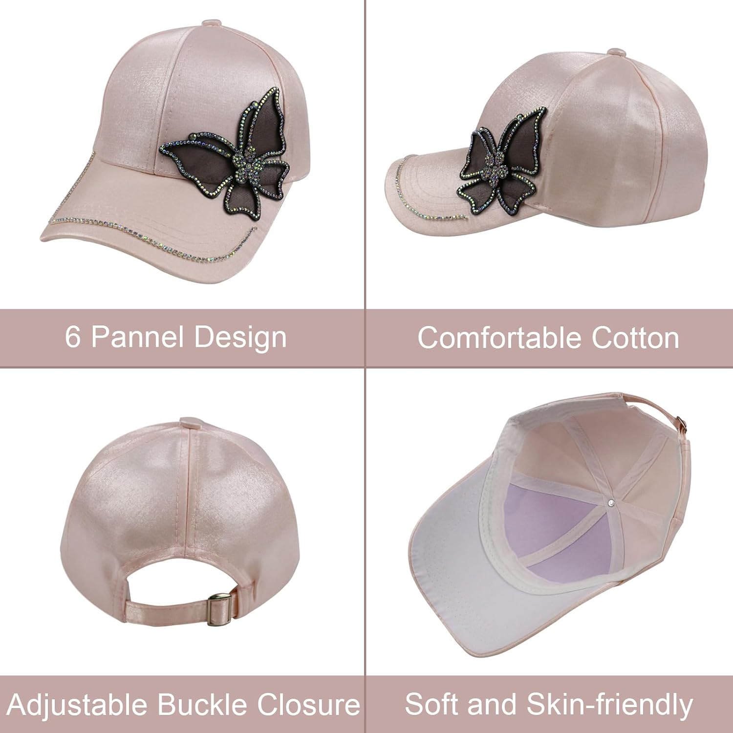 Women's Bling Rhinestone Butterfly Baseball Cap Adjustable Hip Hop Hat Outdoor Casual Trendy Sun hat - Image 3