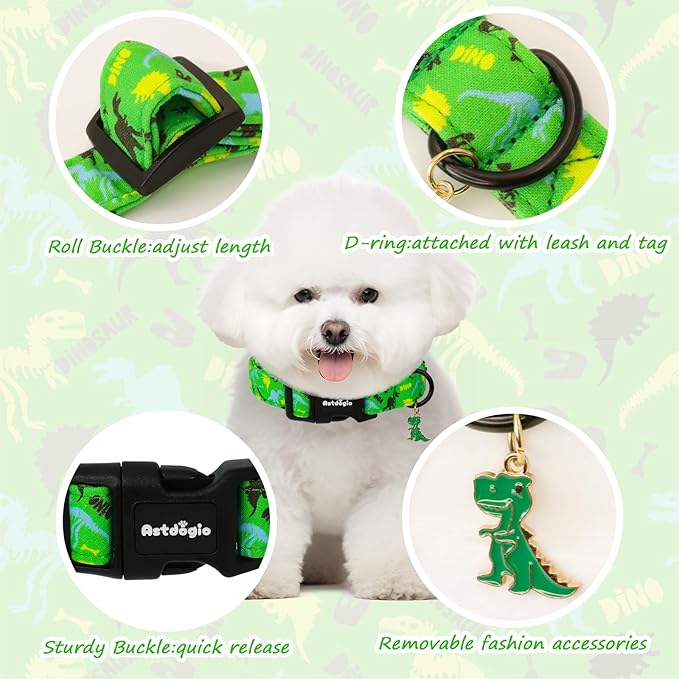 Collar para perros medianos con patrón de dinosaurio, ajustable de algodón verde miniatura 4