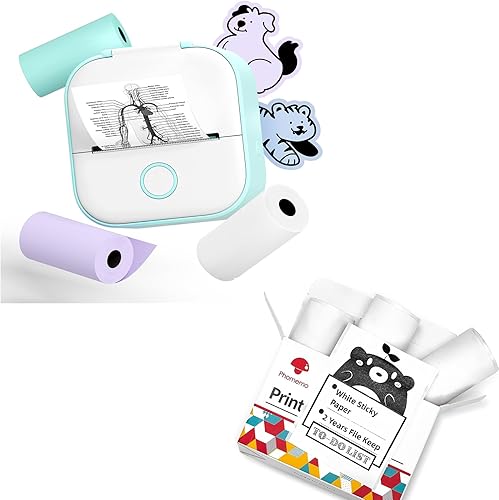 Phomemo T02 - Juego de impresora con 3 rollos de impresora sin tinta de papel, mini impresora de calcomanías para impresora Bluetooth térmica de