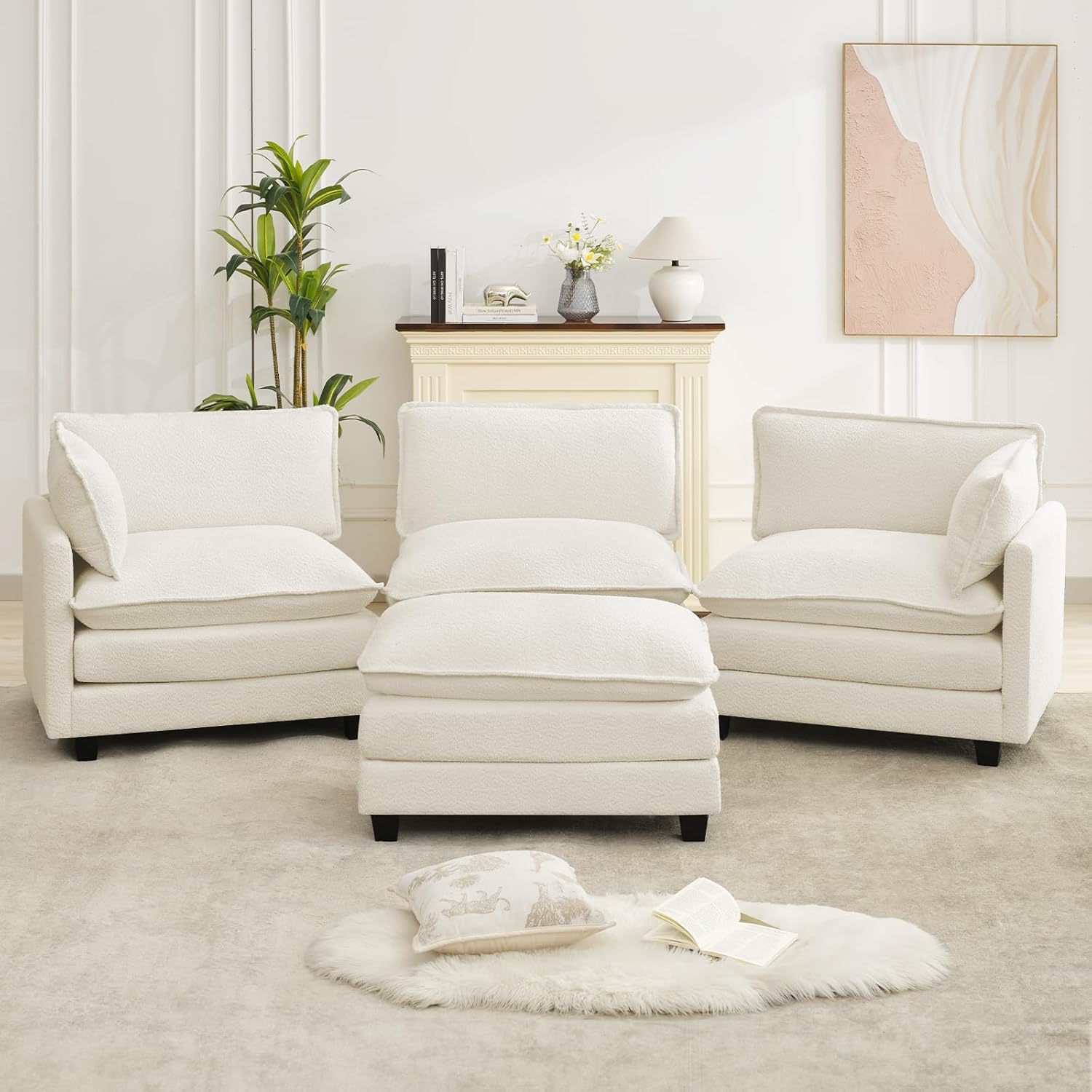 ROWHY 112" L-Shaped Cloud Couch for Living Room, Oversized Modern Modular Sectional Sofa with Ottoman, Comfy 4-Seater Deep Seat couches with 2 Throw Pillow for Bedroom Apartment, Chenille Beige | Breathable Fabric, Sturdy Wood Frame, Movable Ottoman, Deep Seat, Flexible Modular, Washable Covers