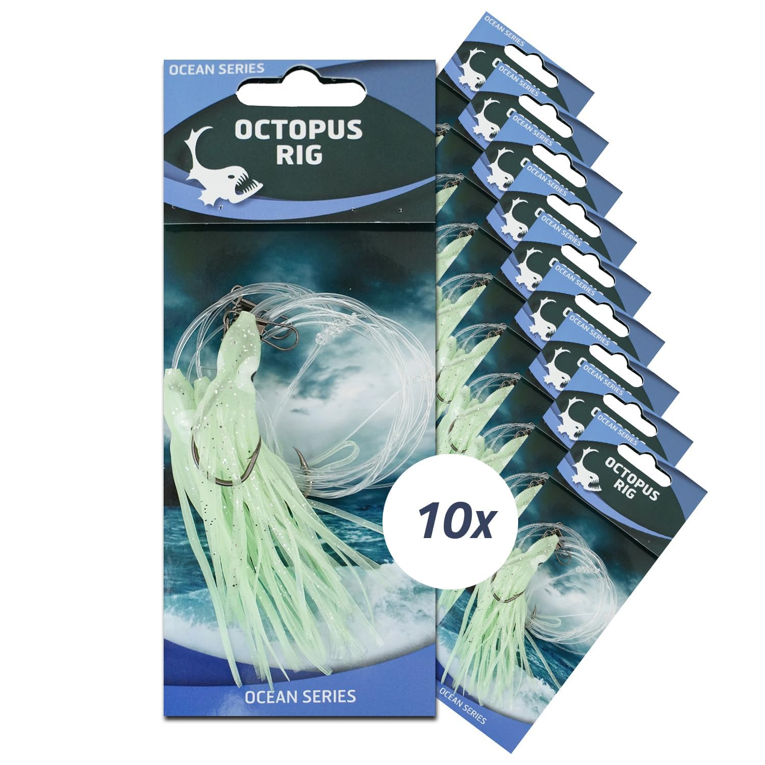 Octopusrigs - 10 unidades - Tamaño del gancho 5 - Visificación de tinta para la pesca efectiva de naufragios de bacalao - Éxito comprobado en todo el mundo - Mejora Tus posibilidades de