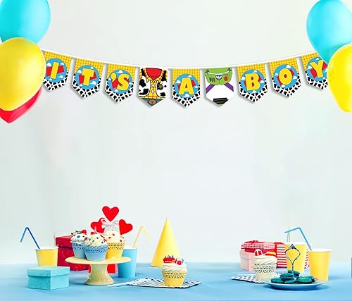 Miniatura 5 de Decoraciones de baby shower para niño, cartel con texto en inglés "It's a boy" para baby shower, guirnalda de bautizo, historia temática de juguete,