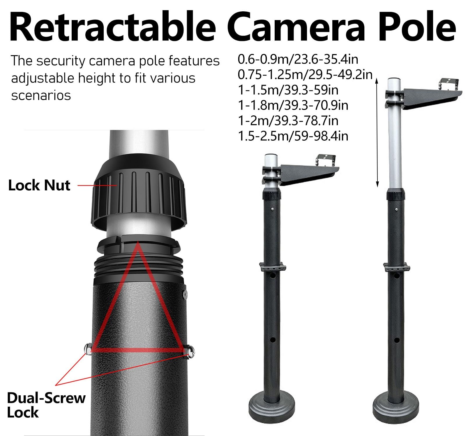 ERRULAN Staffa per Telecamera Esterna Palo per Telecamera di Sicurezza per parcheggio, palo per Telecamera di sorveglianza con Staffa per Luce di riempimento(Height 1.5-2.5m/59-98.4in)