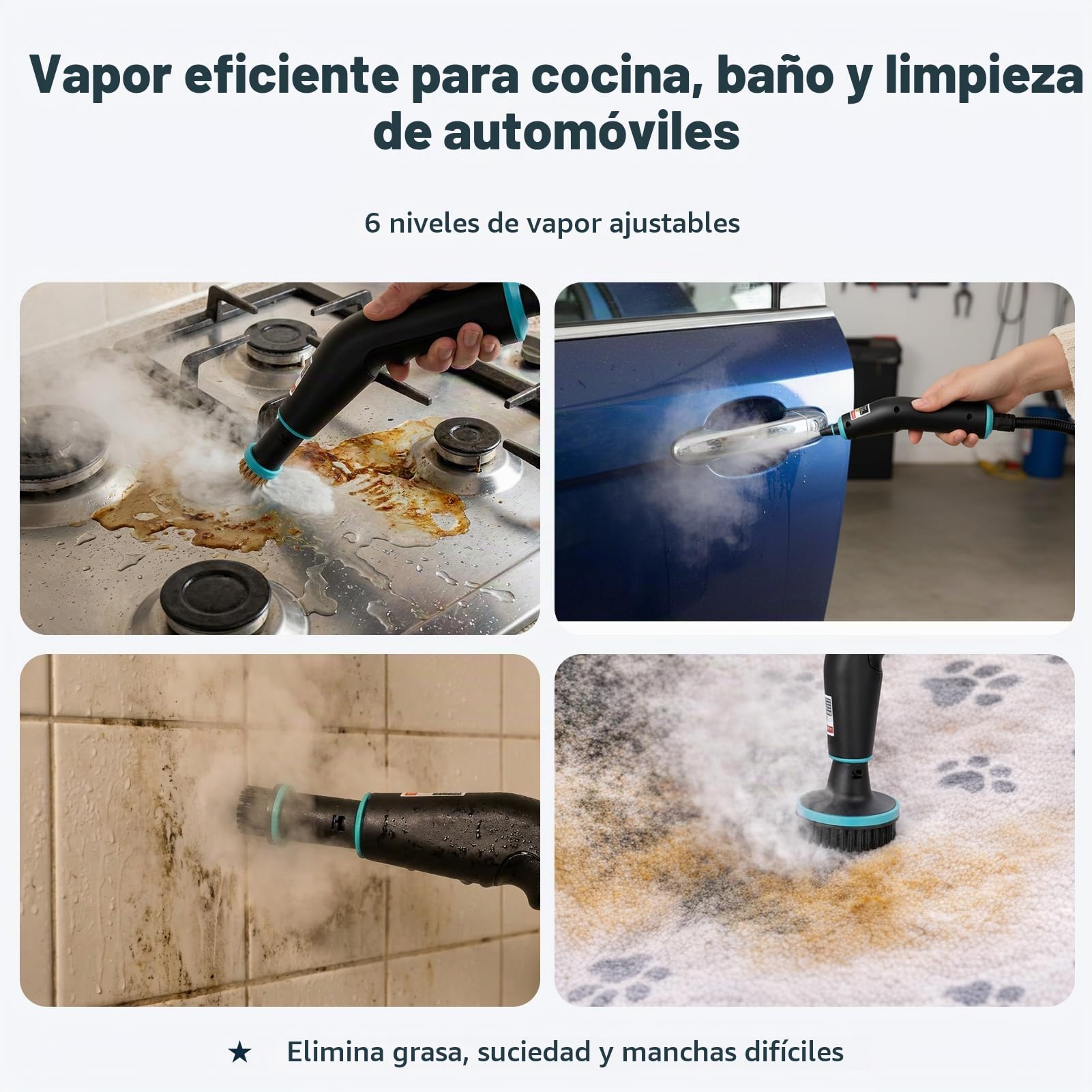 Limpiador de Vapor de Mano 2500W – 4 bares, Calentamiento en 15s, Vapor Desinfectante a 105°C, Depósito Extra Grande 1250ml, 6 Niveles Ajustables para Cocina, Baño, Coche (23 Accessoires)