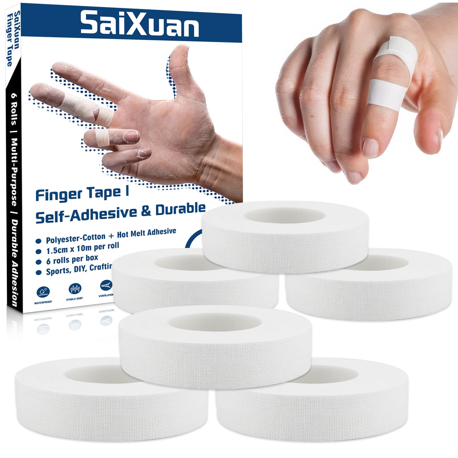 Tape pour Doigts, Pack de 6 Strap Doigt (1,5 cm x 10 m), Antidérapante et Durable, Idéale pour Grip Tattoo, Escalade, Volleyball, Basket-Ball, Handball et Protection des Articulations (Blanc)