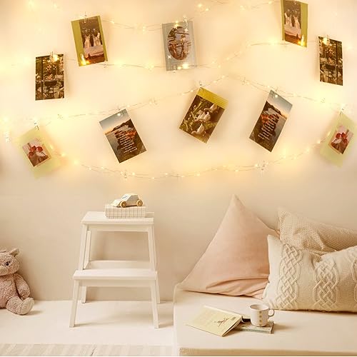 WO GARZIO Cadena de luces con clip de fotos 50 LED 20 pies batería y USB de doble propósito tira de luz blanca cálida para decorar el dormitorio 40