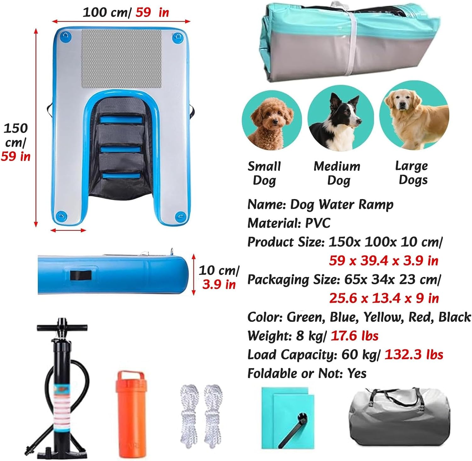 HAIXHX Inflatable Dog Floats for Pool, High Visibility Non Slip Dogs Water Ramp with Step, Collapsible PVC Pet Raft Floating Platform for Boats/Docks/Coasts/Lake(Red)