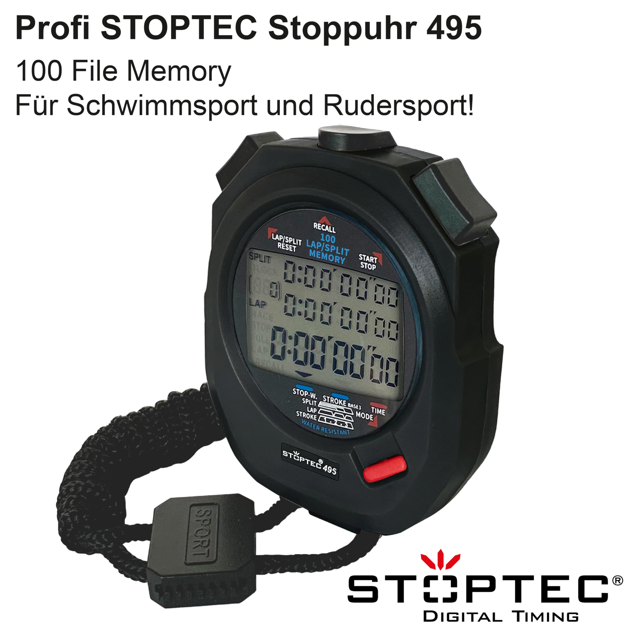 Stoptec Cronometro 495 | Display a 3 righe | 100 Memoria | Misurazione della frequenza della corsa | Ora e data | Antispruzzo | Facile sostituzione della batteria