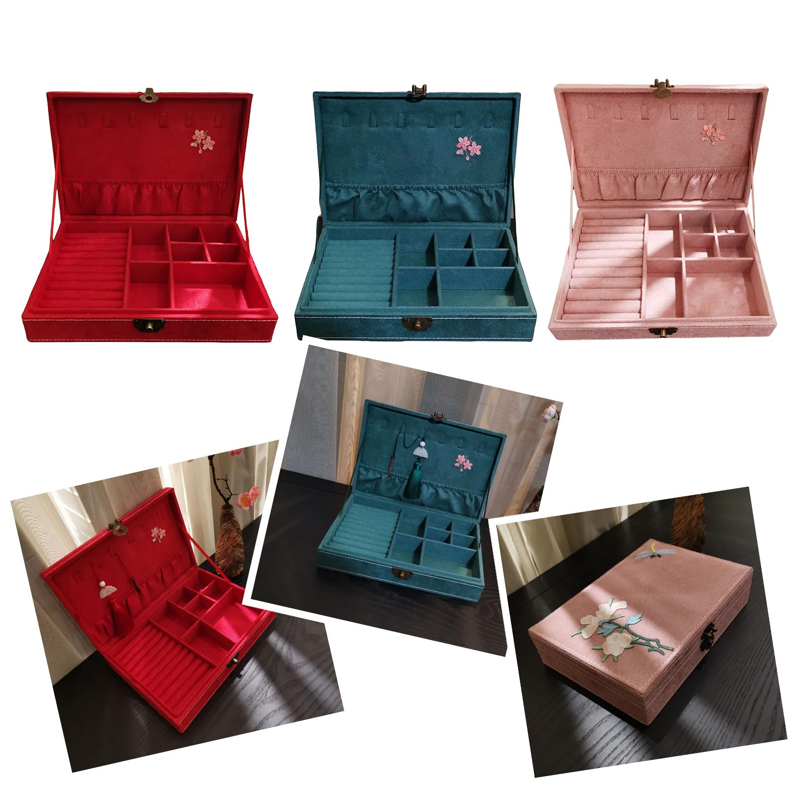 Chinesische Schmuckschatulle, handgefertigte Schmuck Organizer aus Holz mit Samt Innenraum und Schlosszubehör, Aufbewahrungsbehälter, Schmuckschatulle mit mehreren Fächern