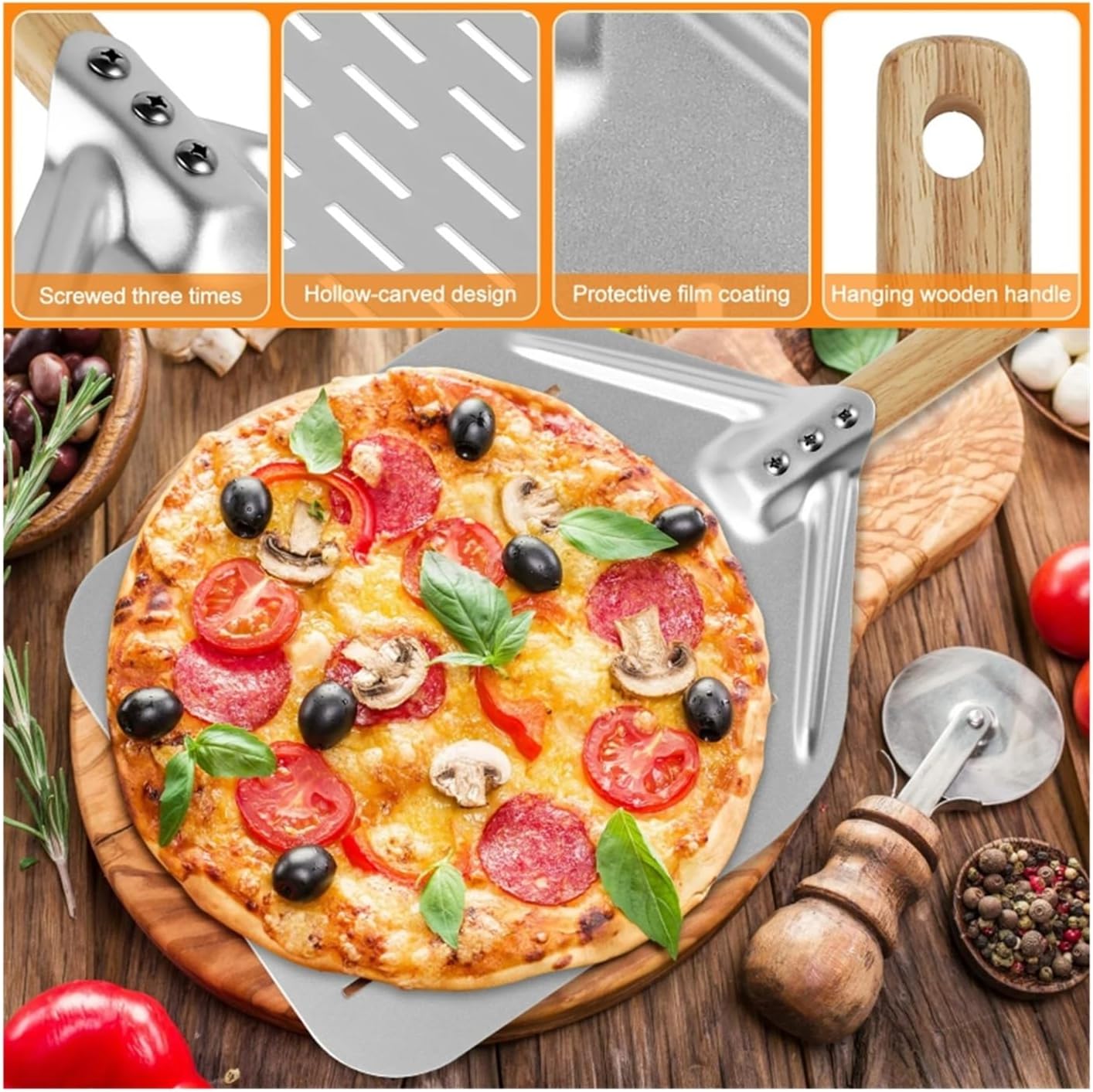 6.5/10/12inch Pizza Shovel Metal Non-Stick Pizza Peel with Wood Handle Cake Lifter Transfer Tray for Homemade Baking Pizza Bread