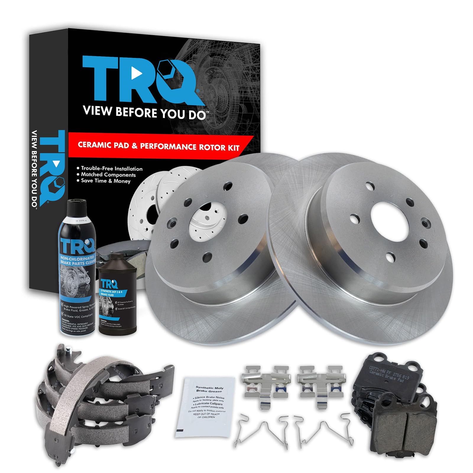 TRQ Rear Brake Pad &amp; Rotor Kit, with Chemical Kit Parking Brake Shoe Set Ceramic Compatible with 1998-2005 Lexus GS300 1998-2000 GS400 2001-2005 GS430 IS300 2002-2010 SC430