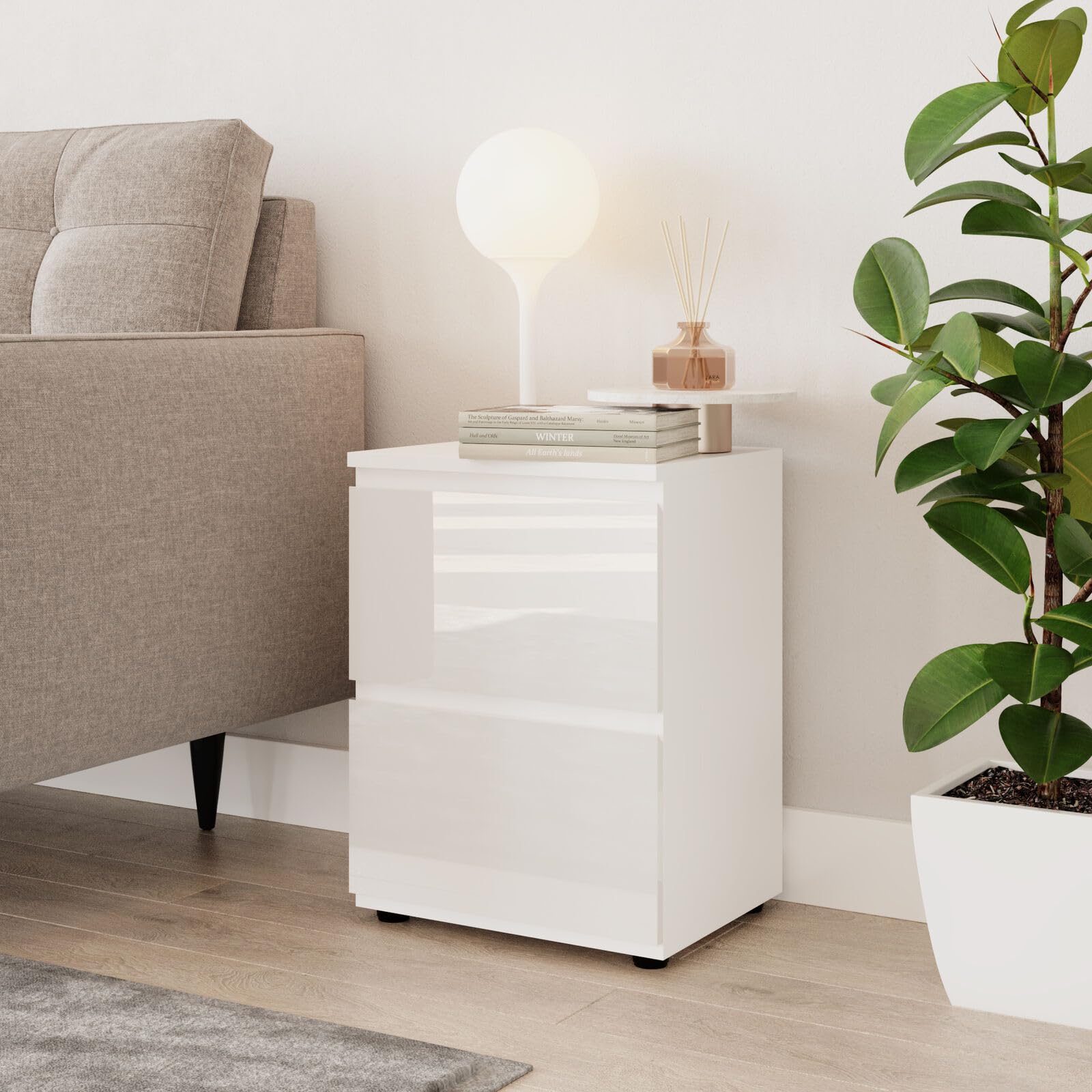 URBNLIVING 49cm High Gloss Bedside Table - 2 Drawers Bedroom Storage Cabinet with Smooth Metal Runner - Modern Dresser Bedside Chest of Drawers for Bedroom Living Room Office Hallway (White & White) — image 1