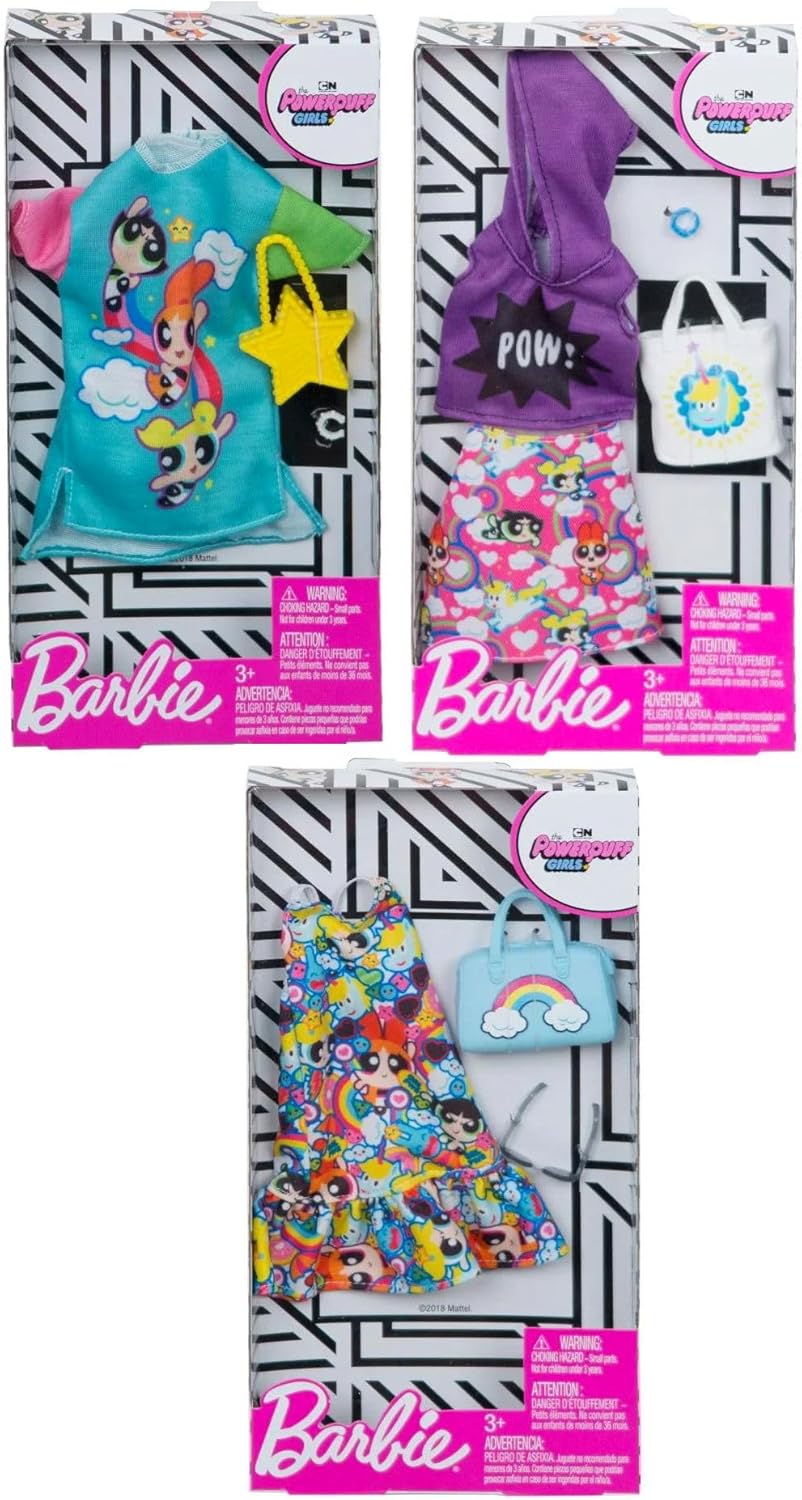 Barbie Fashion Powerpuff Girls Character Fashion Set 3 Inspired Outfits & Accessories for Barbie Dolls, Ages 3+ (Bundle of 3)