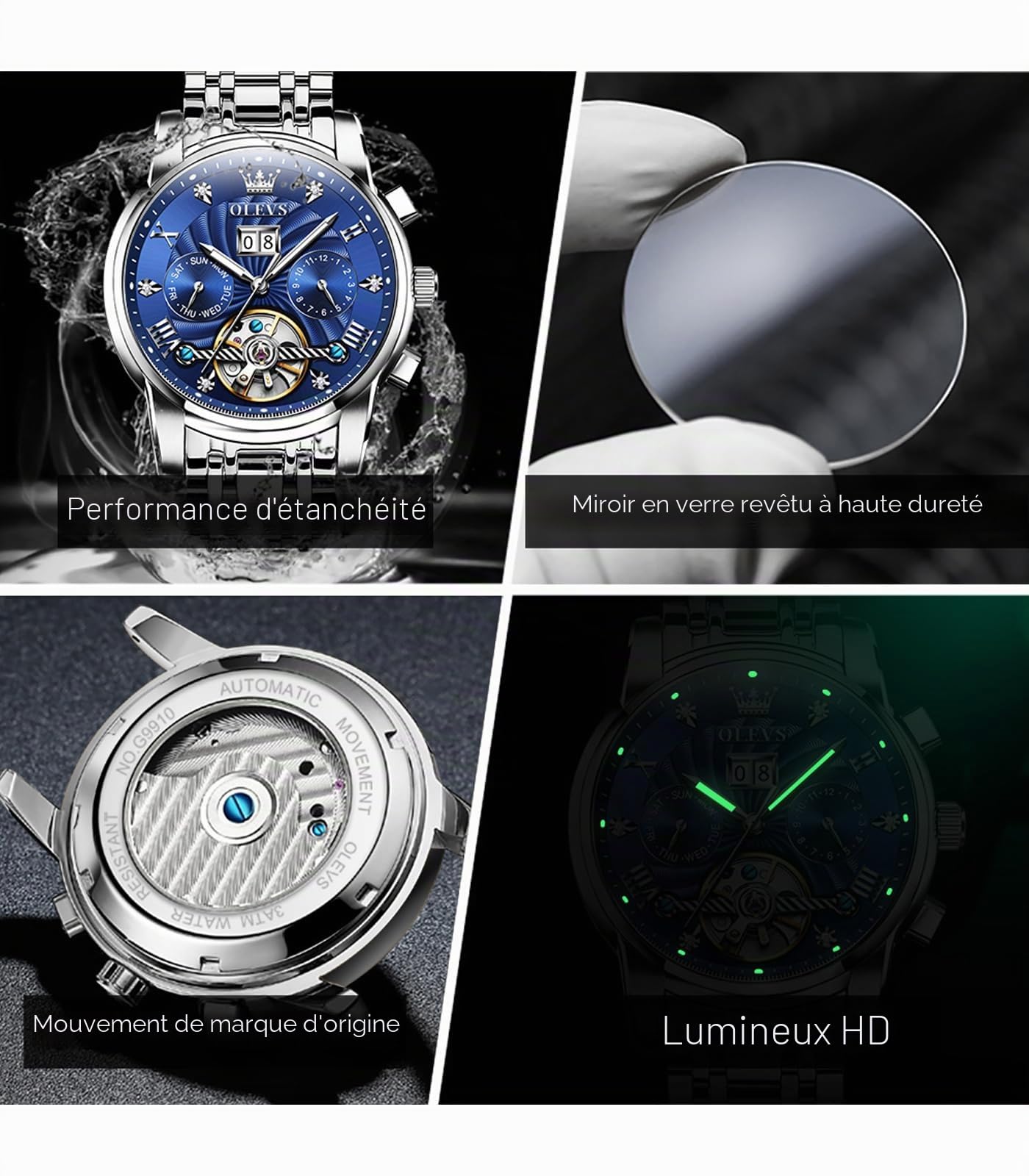 OLEVS Montre Automatique pour Homme - Mécanique Squelette à remontage Automatique - Montre de Luxe - Phase de Lune - Lumineuse - Jour - Date - Étanche