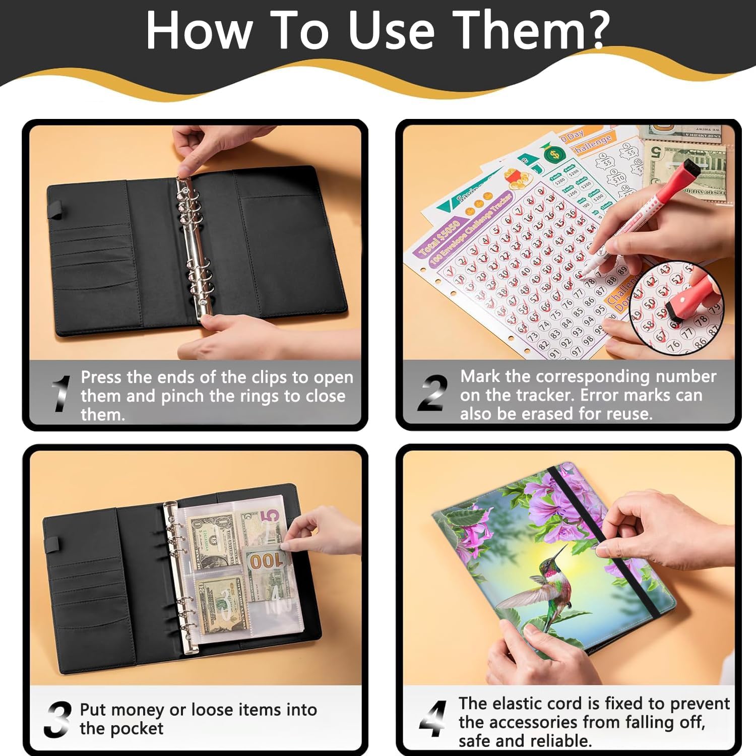 100 Envelopes Money Saving Challenge, A5 Budget Binder with Cash Envelopes & 3 Budgeting Planner Trackers to Save $5,050 Money ，Savings Challenge Book for Organizer, Hummingbird and Flower