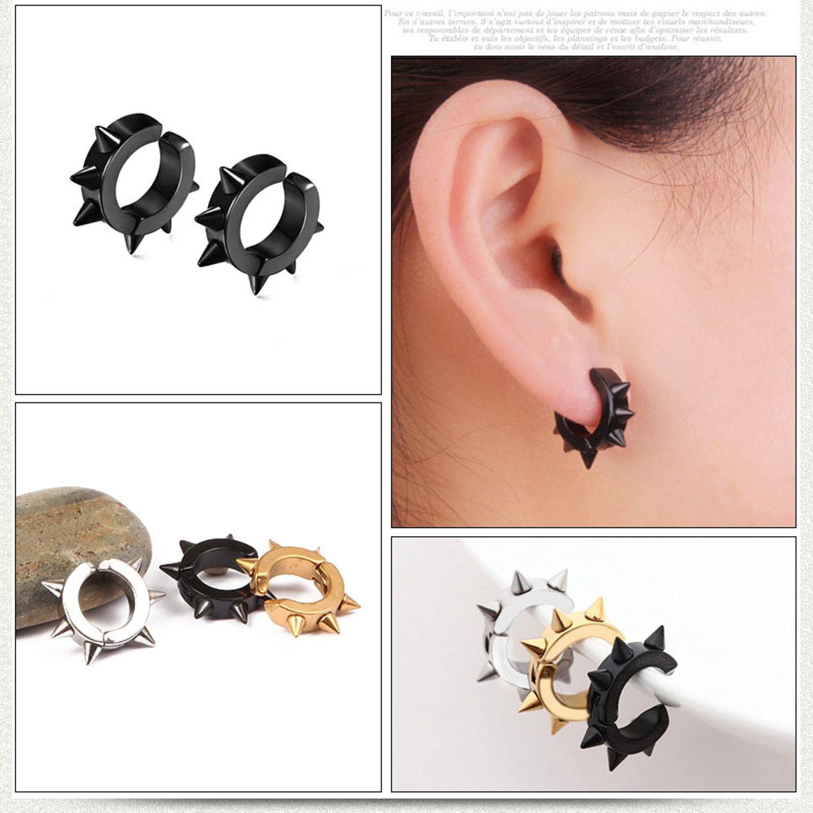 Men's Womens Punk Black Stainless Steel Goth Rivet Awl Spike Huggies Piercing Hoop Earrings...