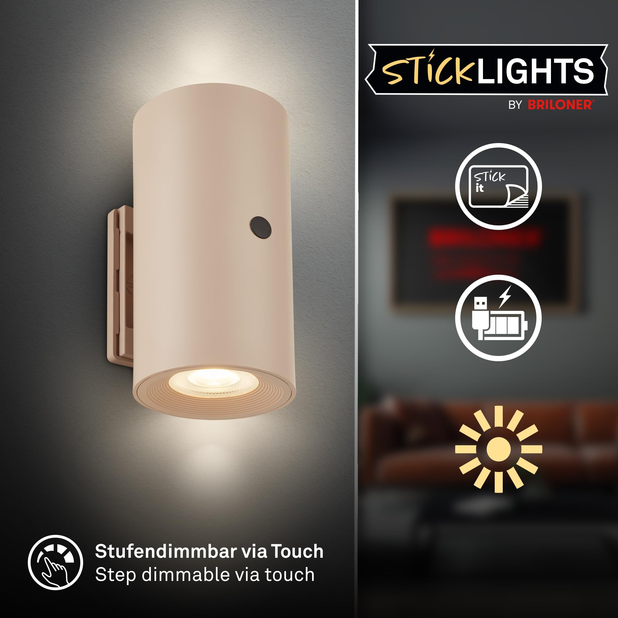 BRILONER Sticklights - LED Wandleuchte ohne Stromanschluss und ohne Bohren mit Akku, Touch, dimmbar, warmweißes Licht, Wandlampe zum Kleben, Leselampe, Wohnzimmerlampe, Flurlampe, 6,1x12 cm, Beige