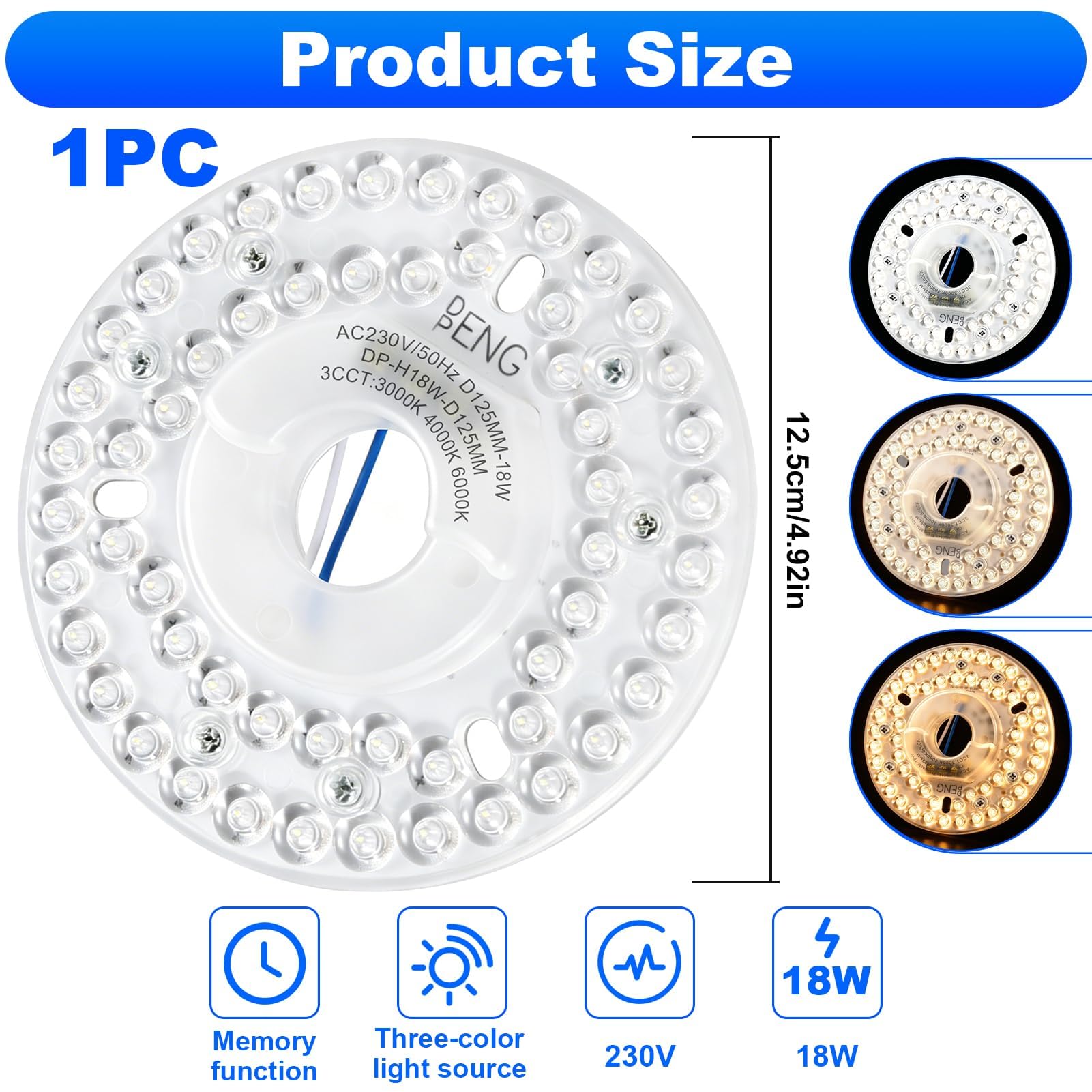 Kit LED 18W per Ventilatore a Soffitto, Modulo Led Circolare 4,92 Pollici 3CCT 3000K 4000K 6000K, Led Ricambio Ventilatore Soffitto per Plafoniera Lampadario Luce a Parete