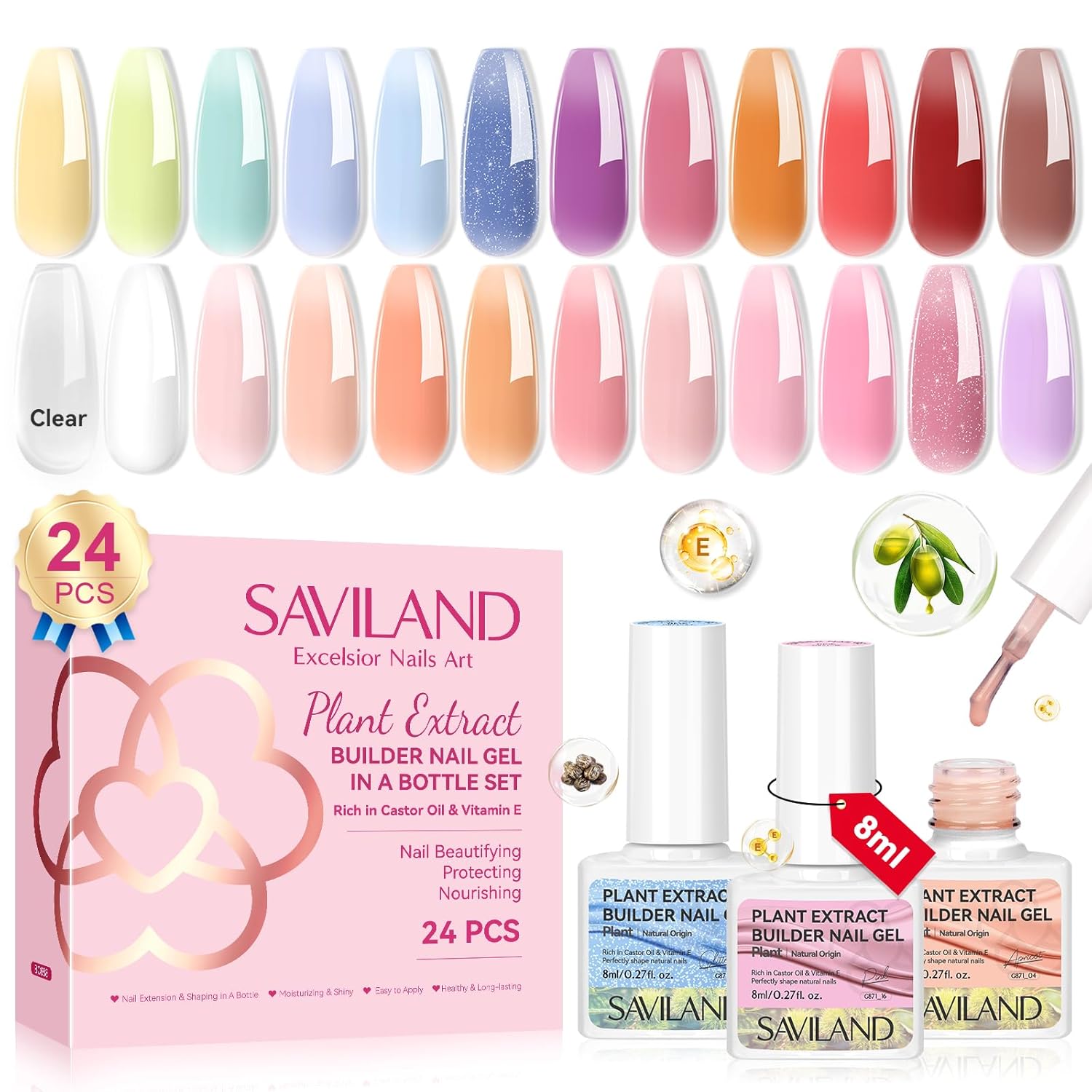 SAVILAND Builder Nail Gel 24 Colors: Castor Oil & Vitamin E Builder in a Bottle Translucent Color Hard Gel for Nails Strengthener Extension Care Repair Home Salon Professionals