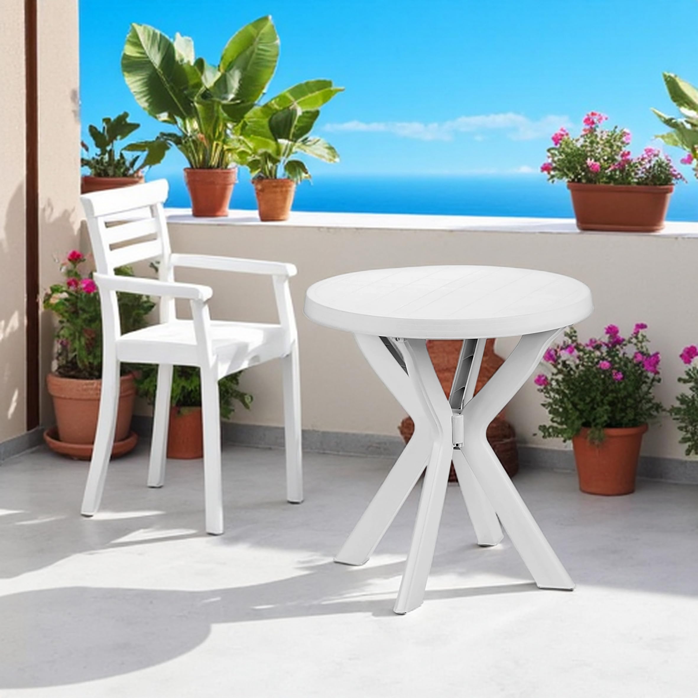 Table de jardin ronde en plastique blanc - Spetebo - 70 cm - Table de camping au design classique - Pour jardin, terrasse, balcon et camping