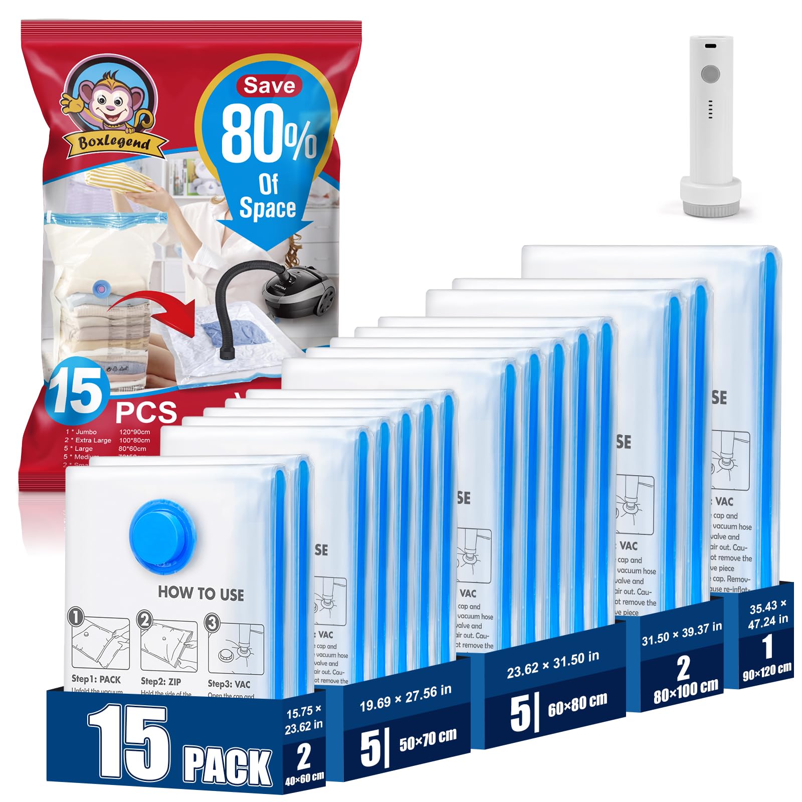 BoxLegend Vacuum Storage Bags with 1500mAh Electric Pump 15 Combo (1X-Jumbo, 2 Jumbo, 5 Large, 5 Medium, 2 Small) Thickened Vacuum Seal Bags for Clothing Blanket Pillow Comforters Bedding Quilt Coat