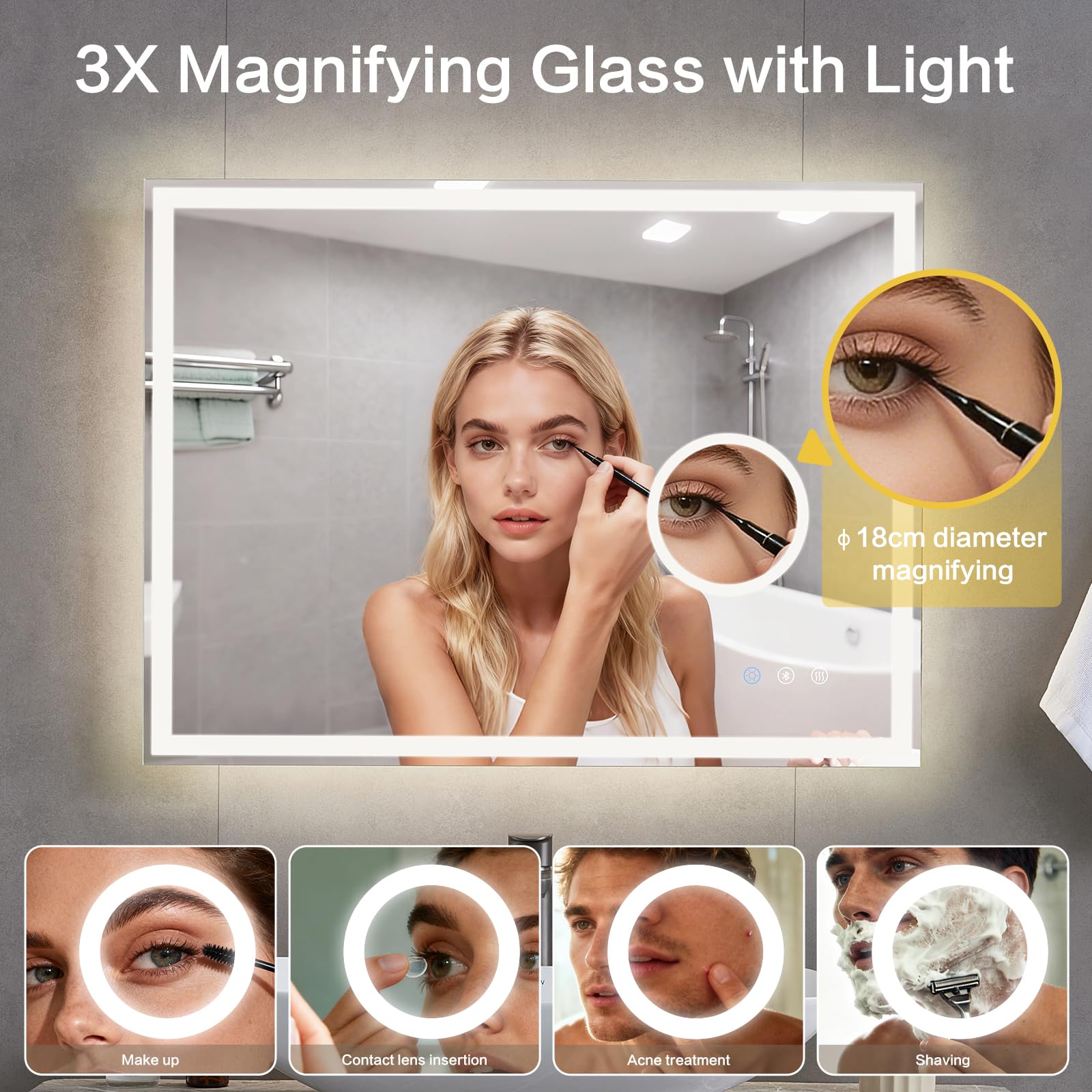 Miroir Salle de Bain avec Eclairage Bluetooth 70x50cm, Miroir LED avec Loupe 3X, Anti-buée, 3000K/4000K/6500K, Dimmable, Mémoire, IP44, Douille, Horizontal/Vertical