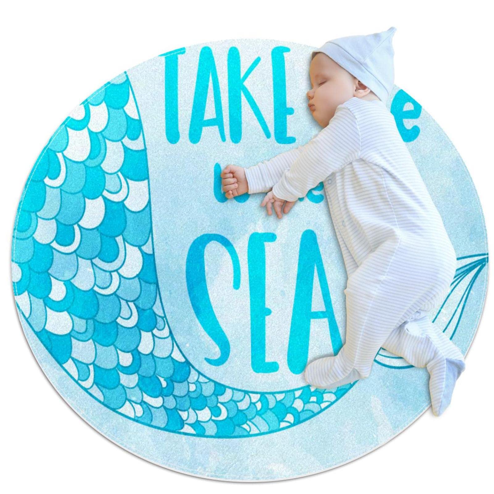 Tapis de salle de bain bleu sirène rond 1m antidérapant chambre