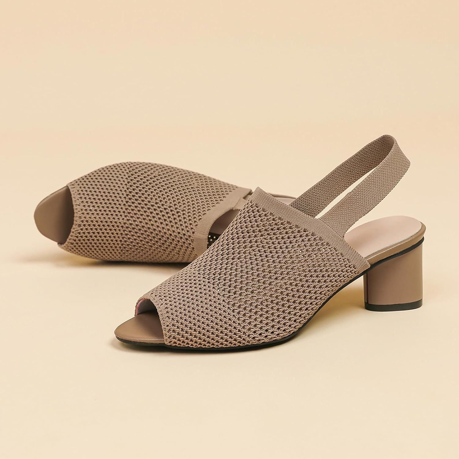 Women's Knit Peep Toe Slingback Chunky Heeled Sandals with Ankle Strap Fashion Open Pointed Toe Cut Out Slip On Backless High Heels Summer Casual Work Office Wedding Dressy Pumps - Image 5