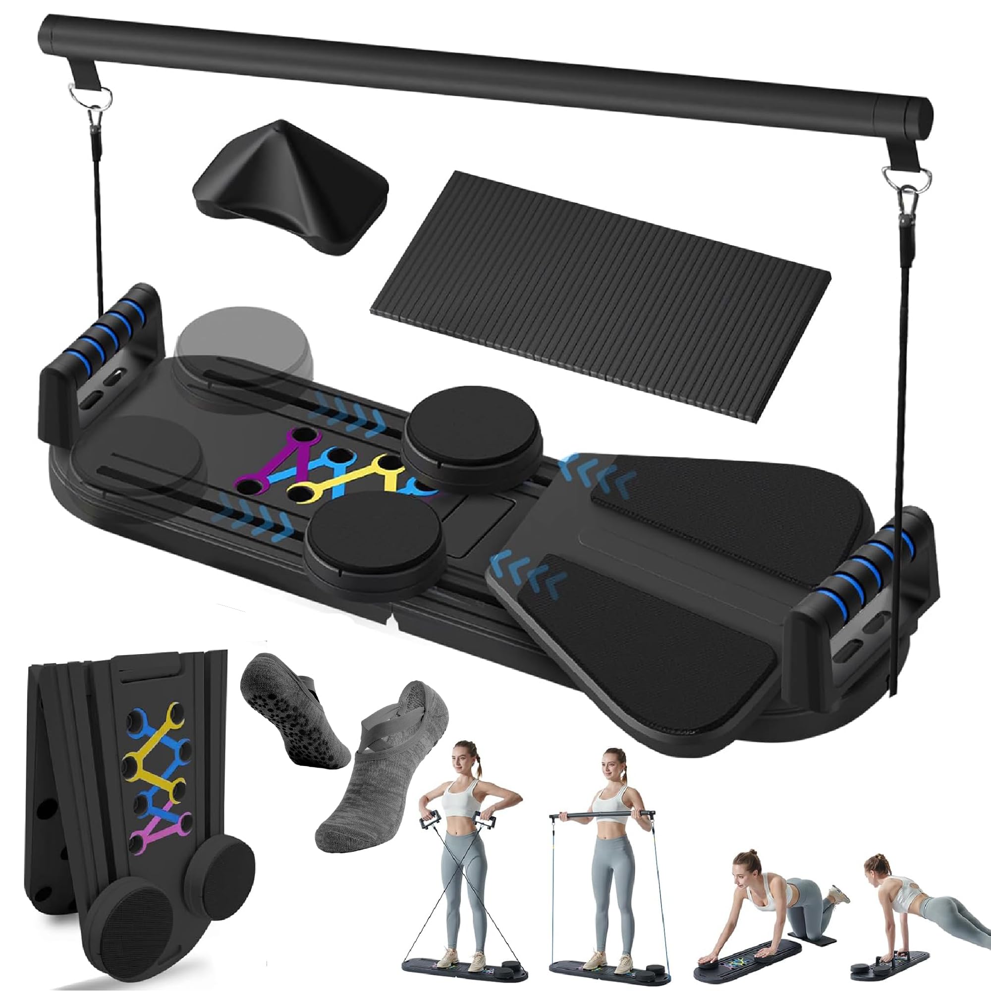 Esne- Foldable Pilates Reformer Set - 6-in-1 Home Workout Board with Thickened Resistance Bands, Balance Bar & Non-Slip Socks | Portable Core Strength Trainer for Full-Body Toning (2025 Upgrade)