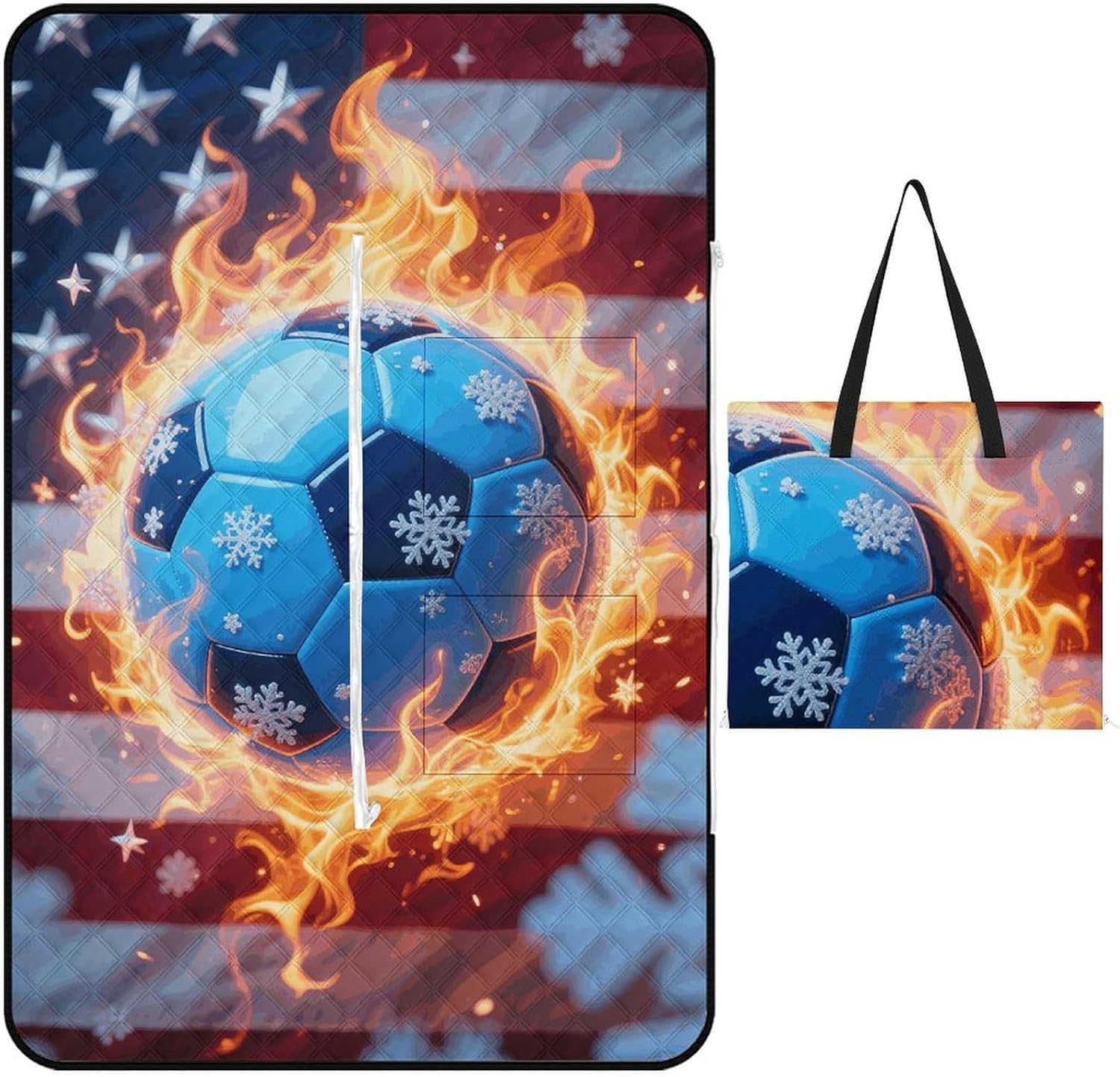 Soccer Picnic Blanket 150x100cm, Foldable 2-in-1 Picnic Mat and Tote Bag Portable Waterproof Beach Mat Sandproof Outdoor Blanket for Park, Hiking, Beach, Camping, Travel