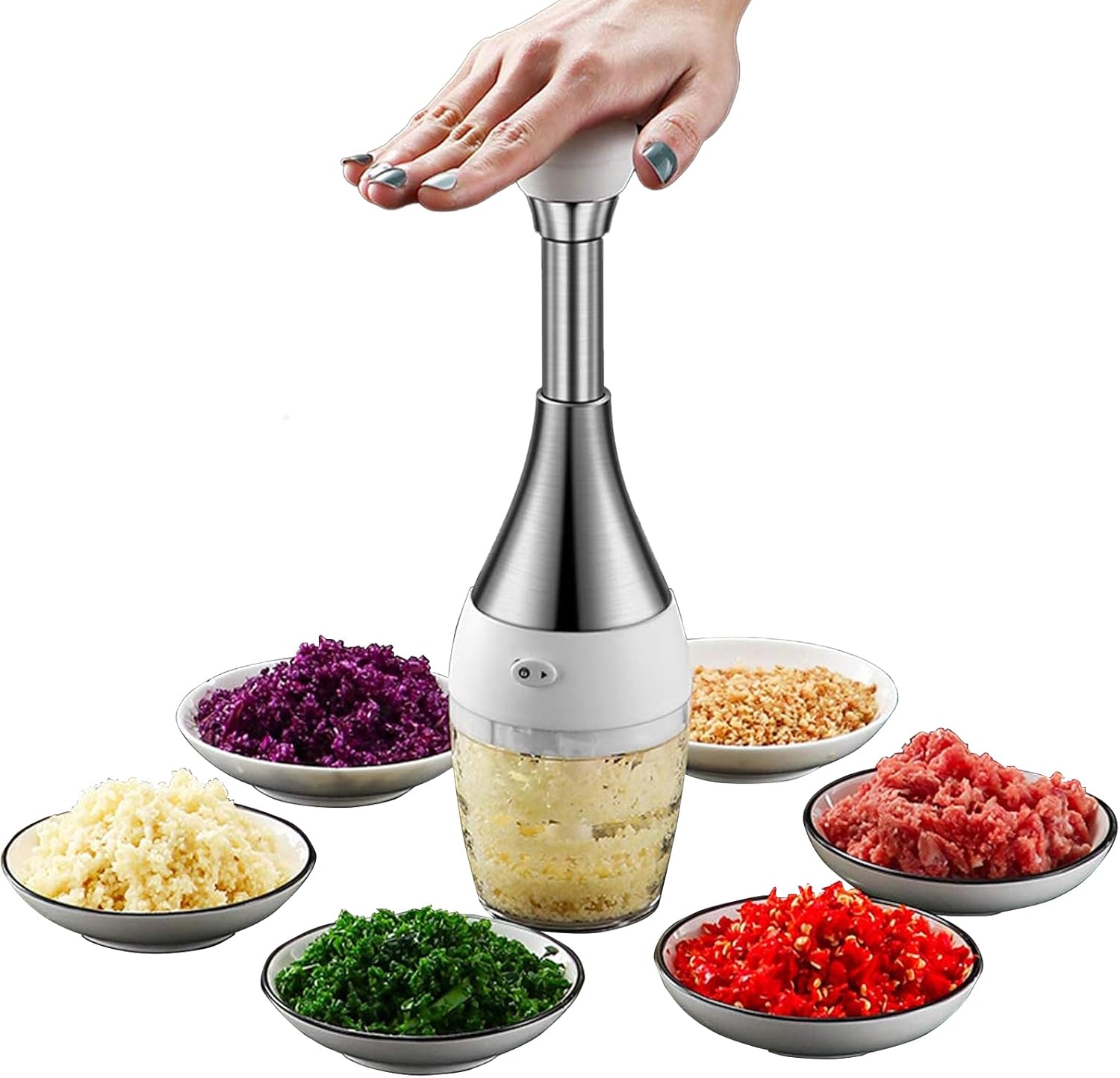 VAODO Food Chopper, Manual Stainless Steel Chopper, Hand Bowling Ball Garlic Chopper Kitchen Gadget, Professional, Easy to Chop Garlic, Onion, Pepper, Fruits, Vegetables