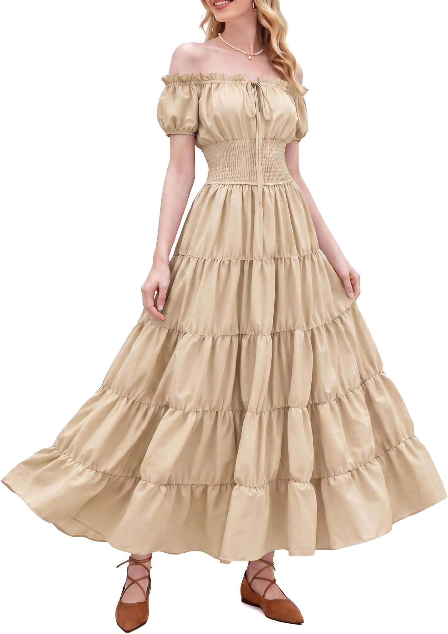 Renaissance Costume Women Medieval Chemise Dress Peasant Tops Irish Under Dress Beige-2XL