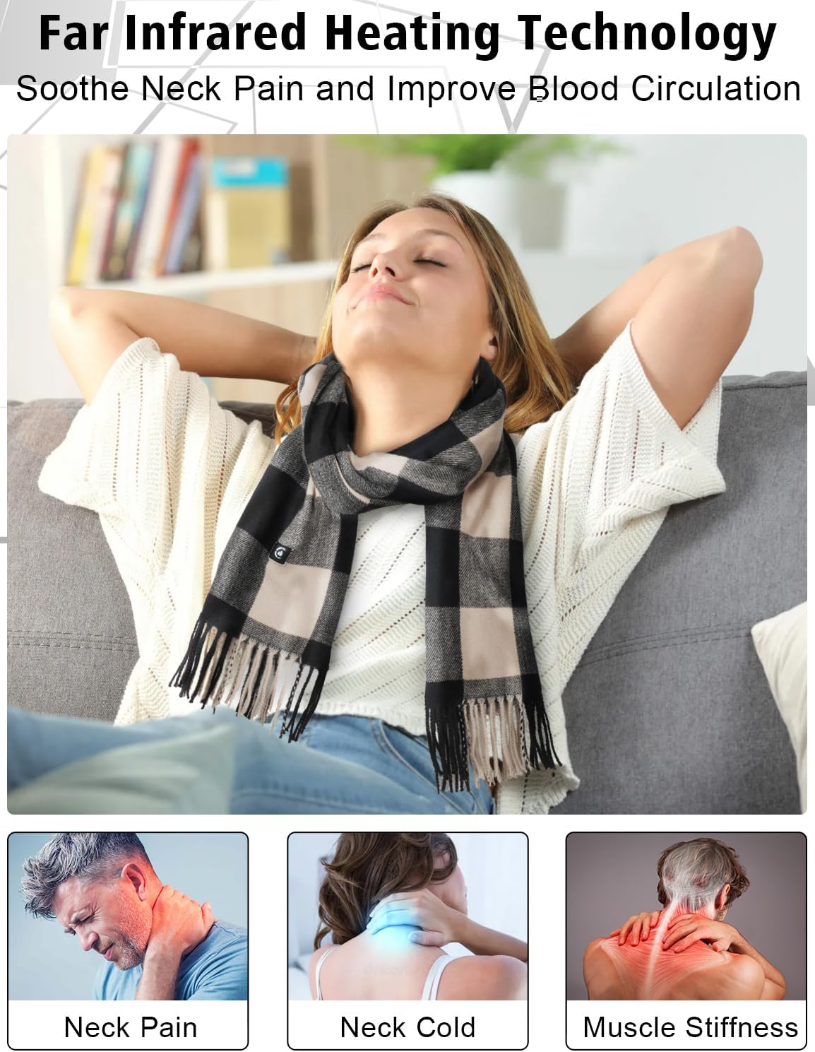 Heated Scarf with Rechargeable Battery - Electric Heating Neck Fashion Plaid Scarf for Women Men in Winter - Image 4