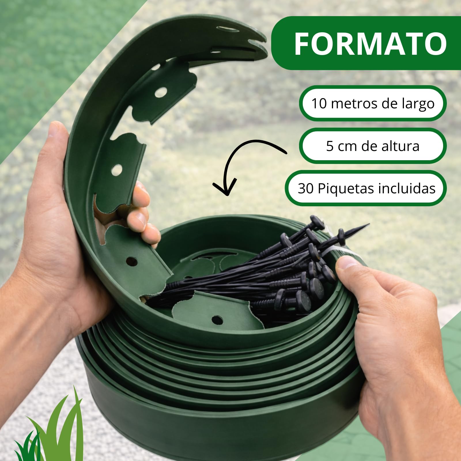 PLANTAWA Borde para Césped Artificial Verde 10m, 30 piquetas | Delimitación y Fijación del Perímetro, Contención de Materiales y Acabado Profesional | Flexible, Discreto y Resistente para Jardín