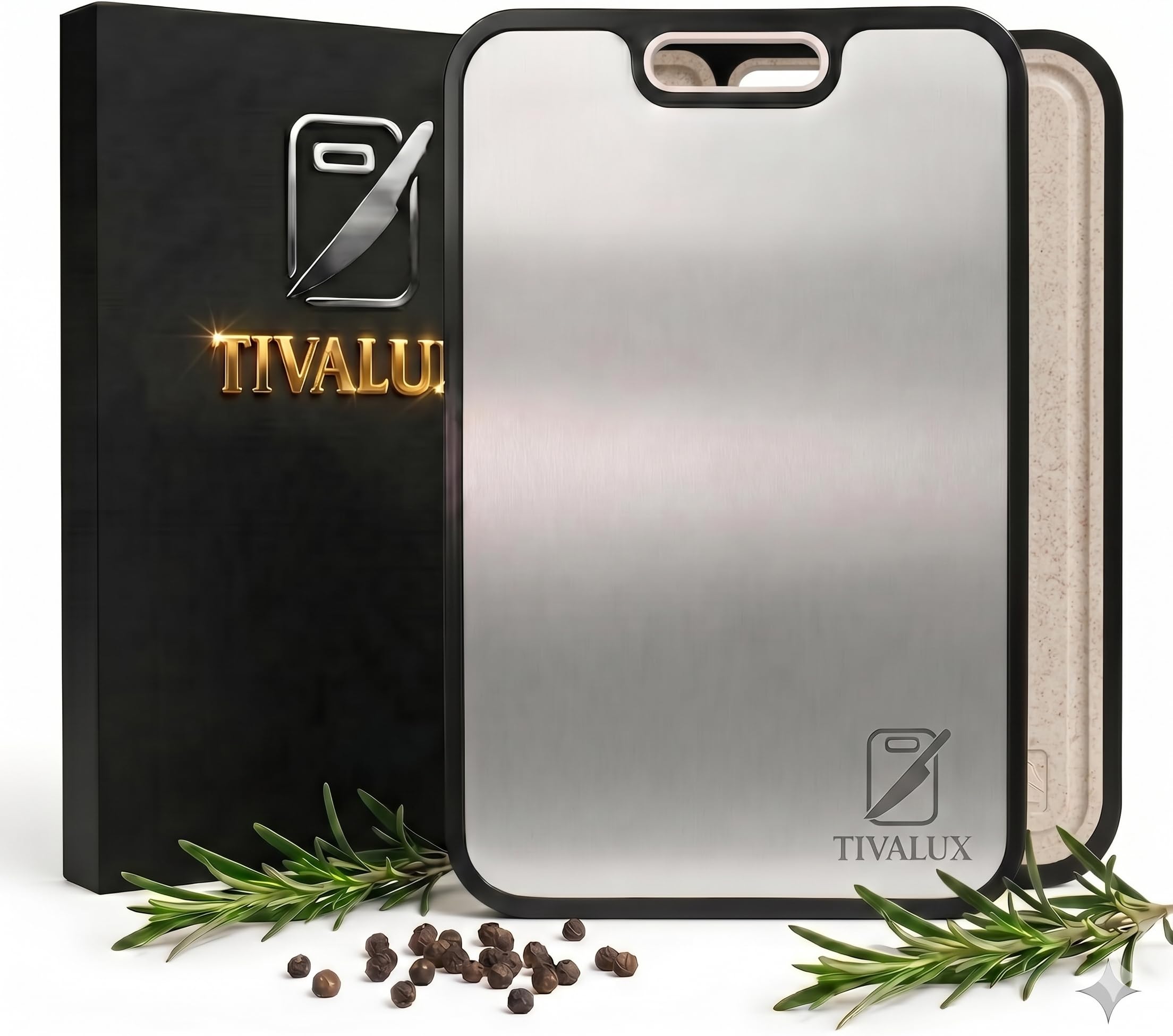 1 Tabla de Cortar Titanio 100% Puro – TIVALUX | Tabla Cocina Titanio 38,5x26,5cm Grande | Certificada LFGB y CE | Doble Cara Antibacteriana | Sin BPA | Trigo Ecológico | Tabla de Cortar Cocina Premium