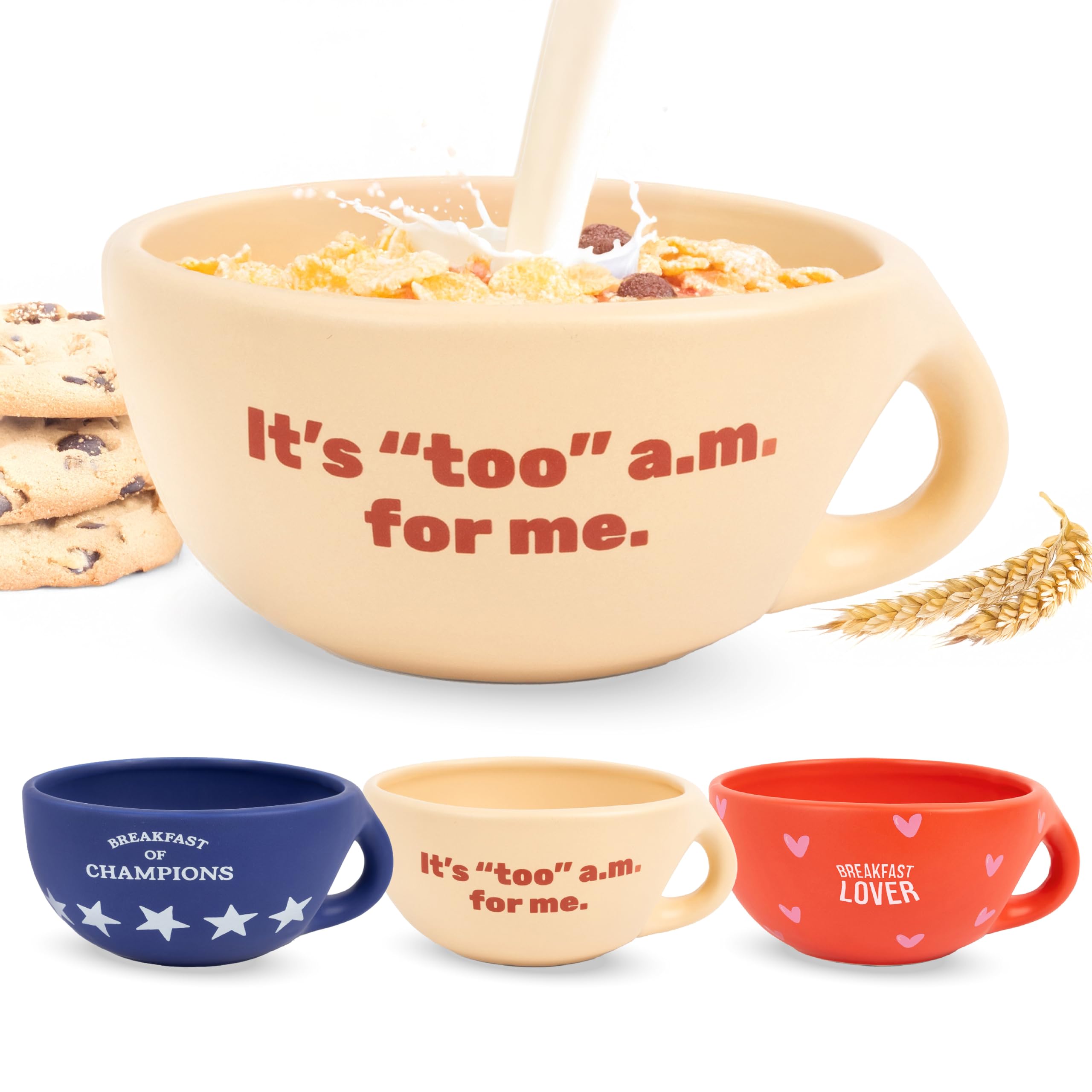 Fisura – Original Breakfast Bowl “It’s Too a.m”. Beige 490 ml Cereal Mug. Large Coffee Cup. Ceramic Coffee and Muesli Bowl- 16.5 cm x 7.5 cm