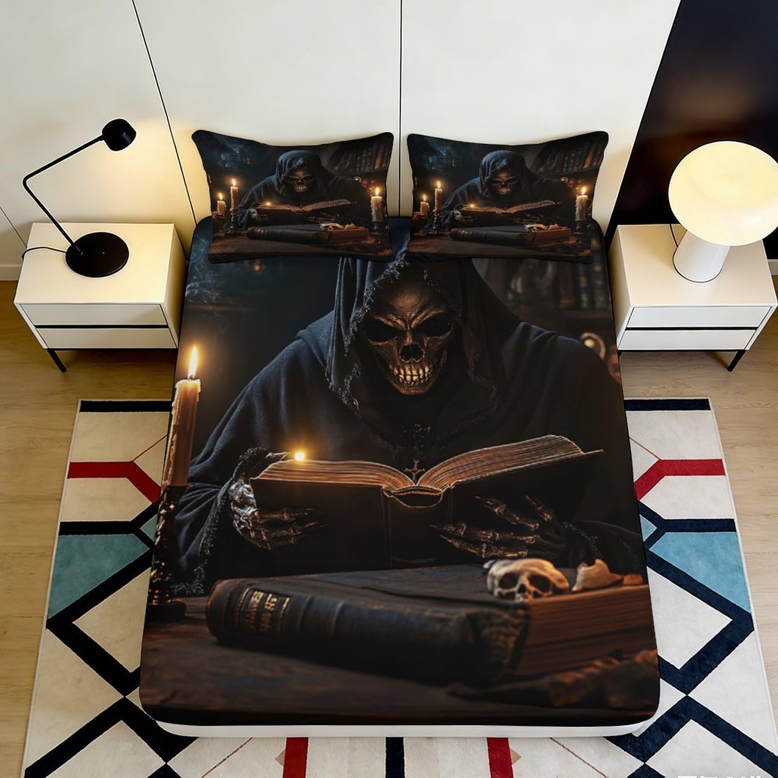 3D Printed Grim Reaper Candle Fitted Sheet Microfiber Dark Gothic Skull Bed Cover for Bedroom Dorm Mattress Protection Decor 90x200x25cm