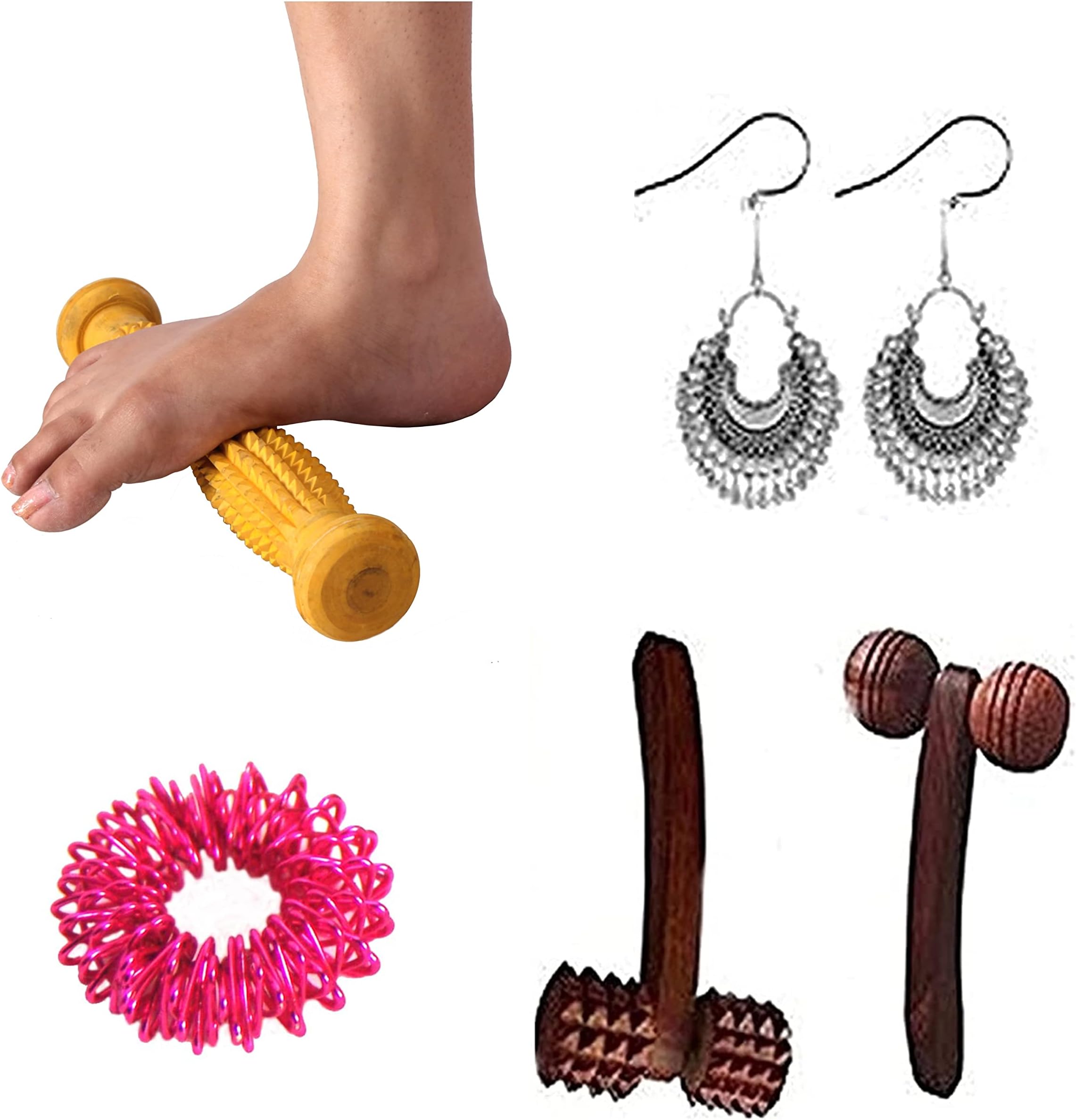 Wooden Foot Acupressure Massager Pointed Spiked Single Roller 12" n Face/Head Massager-Soft