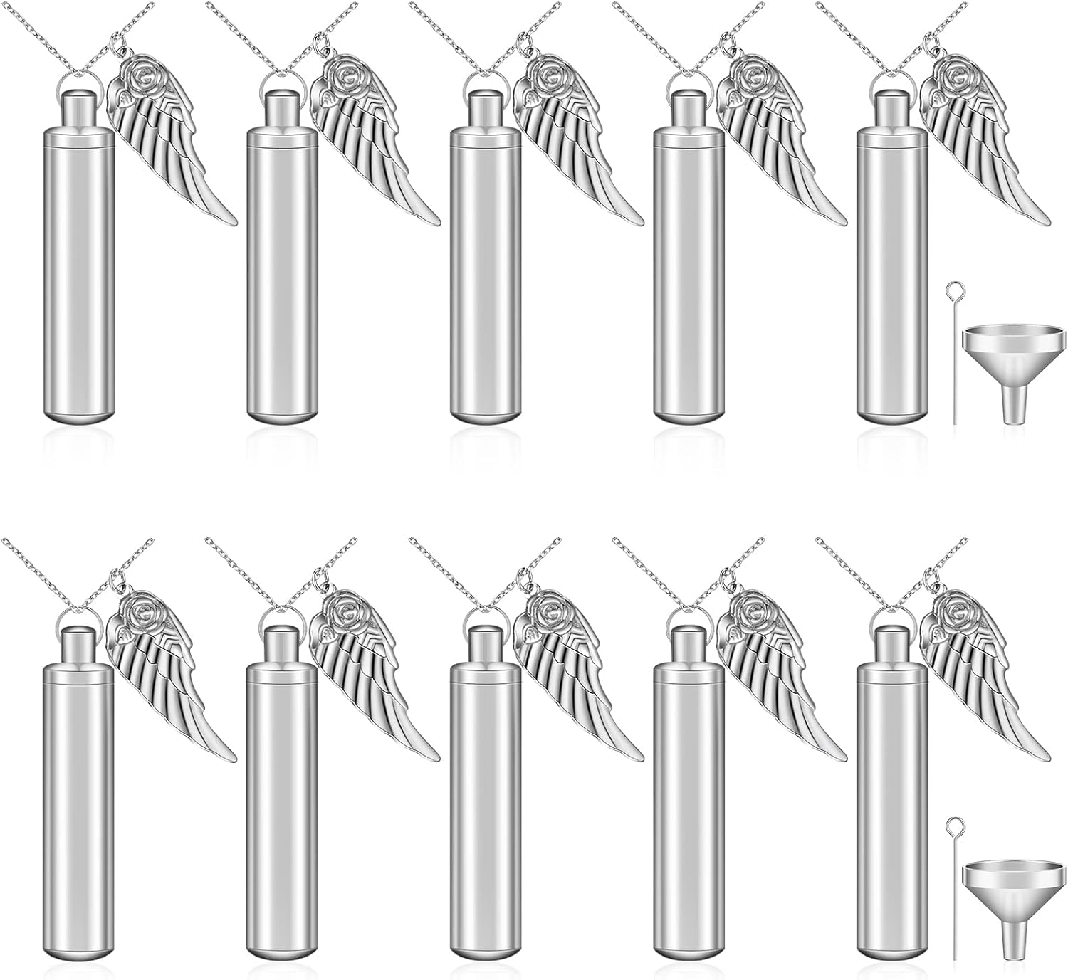 10 Pieces Urn Necklace for Ashes Cylinder Cremation Jewelry with Angel Wing Charm Memorial Pendant Keepsake for Women Men Vial Cremation Ash Pendant(0.43 x 1.89 Inch,Black and Silver)