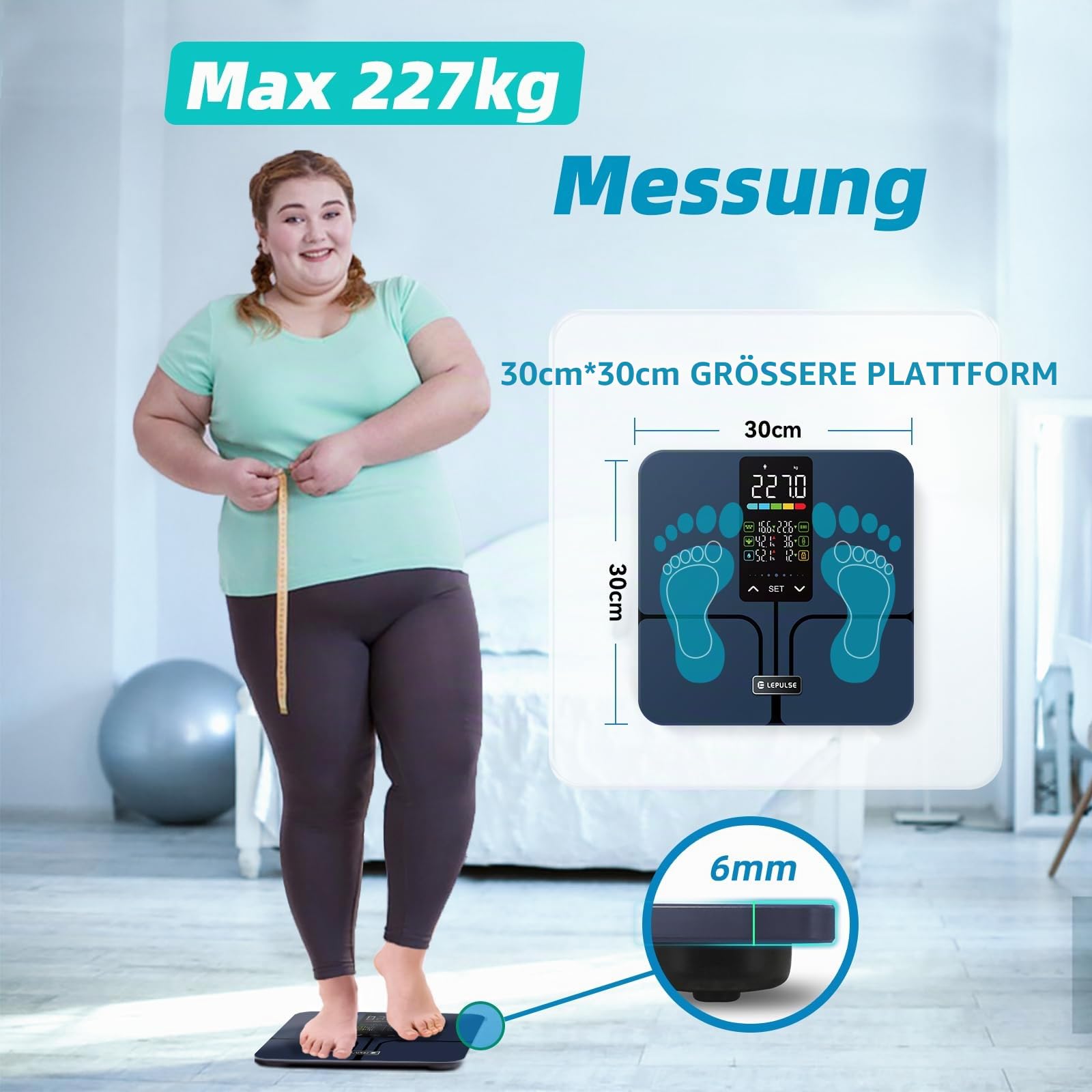 Körperfettwaage ohne App, 5.44''Großes Display, Körperanalysewaage 227kg | Lepulse Waage mit Körperfett und Muskelmasse, Körperwaage mit 10 Benutzer-IDs, SET-Taste Einstellung, 8 Körpermaße