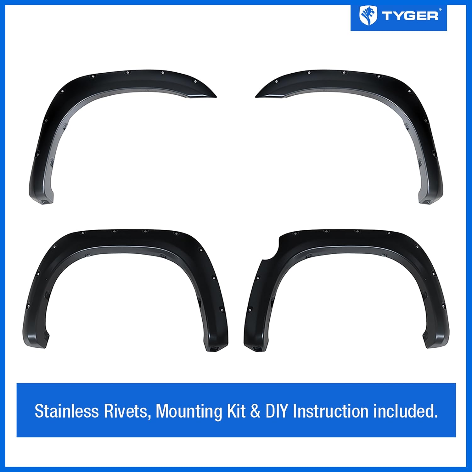 Tyger Auto Fender Flare Compatible with 2007-2013 Toyota Tundra, Smooth Textured Black Paintable Bolt-Riveted Style 4pc | TG-FF8T4398