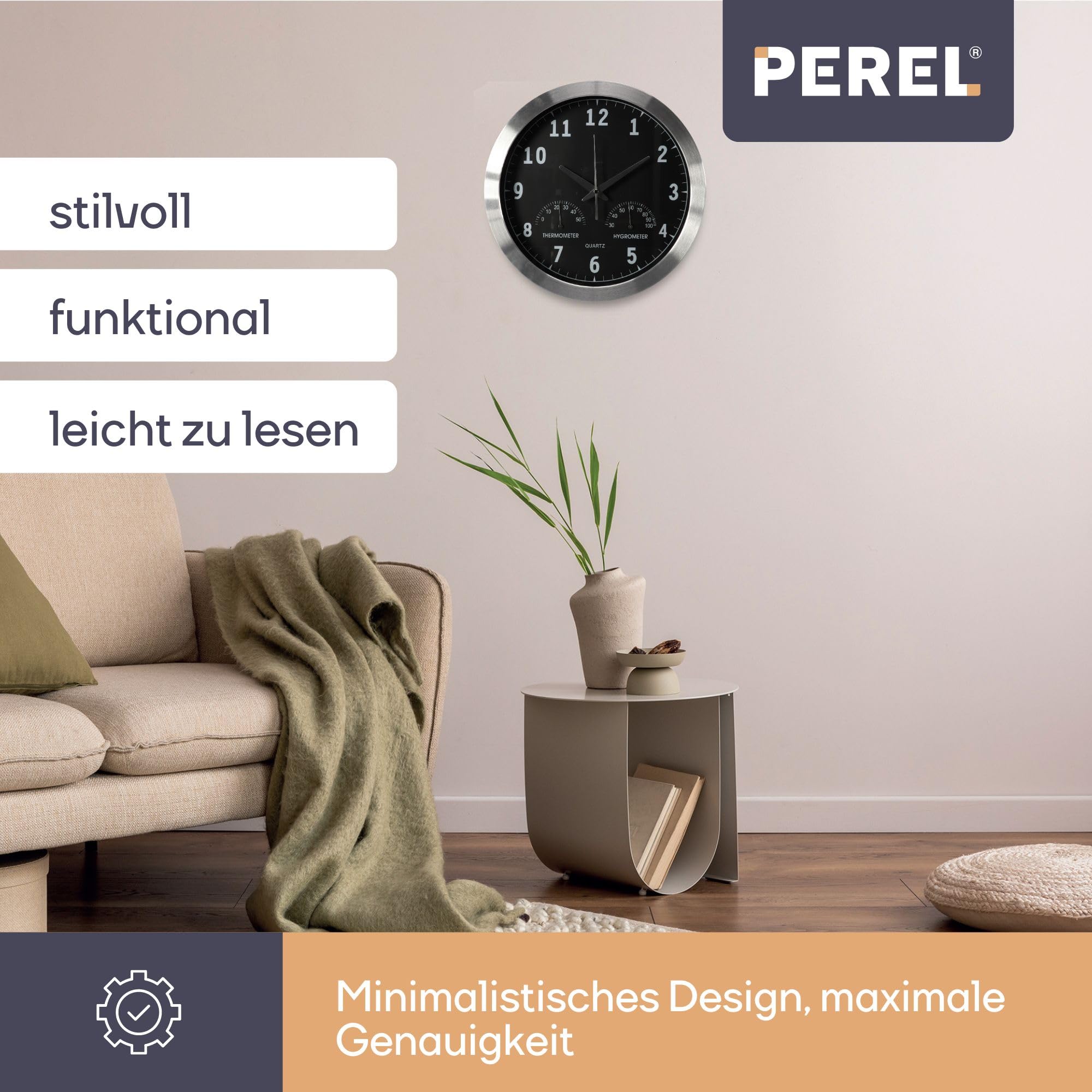 Perel Analoge Wanduhr 35,5 cm mit DCF-Zeitsynchronisation, Thermometer und Hygrometer, gut ablesbares Zifferblatt, silberner Aluminiumrahmen, Wohnzimmer Küche Büro Wartezimmer