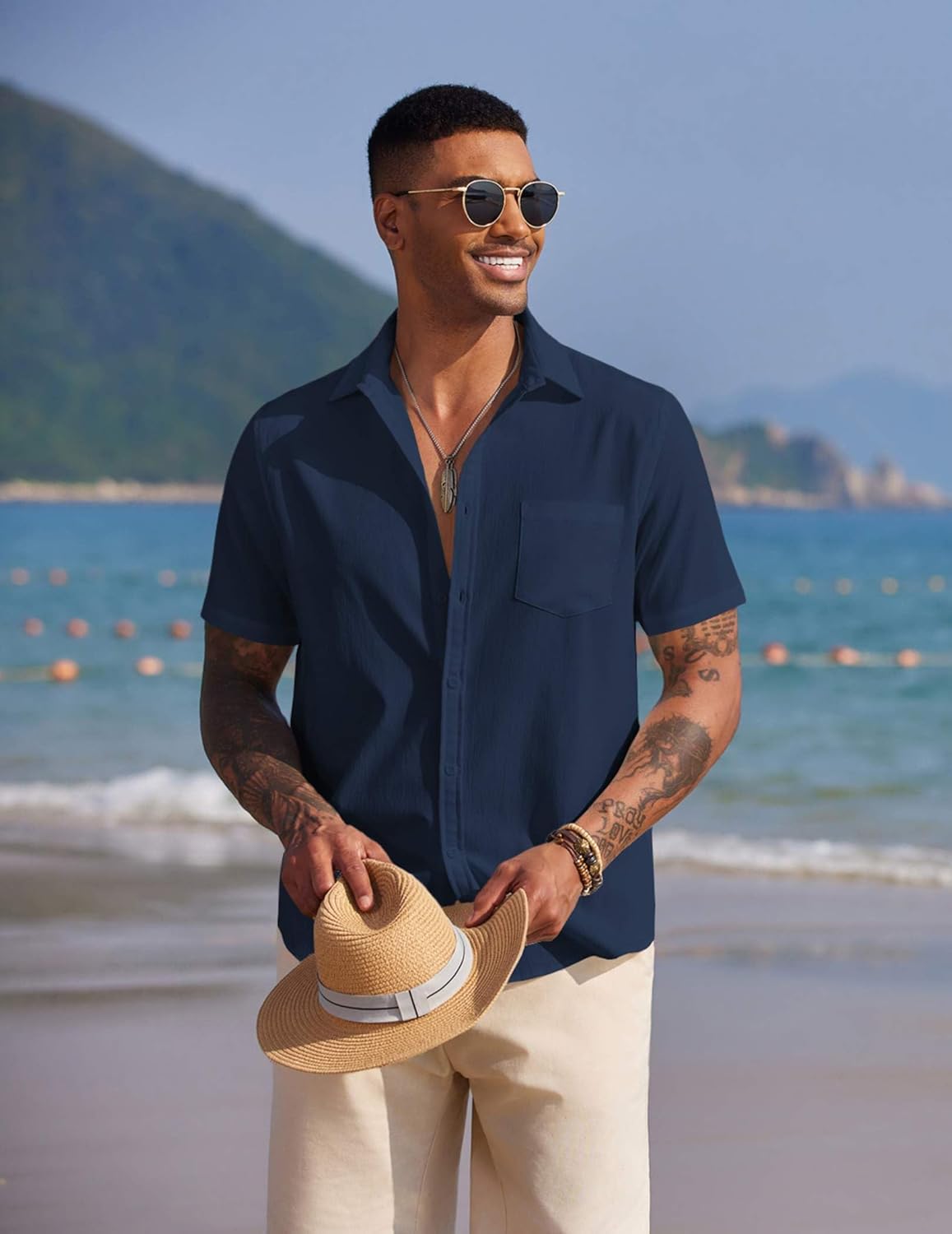 COOFANDY Men's Casual Summer Beach Wrinkle Free Shirts Short Sleeve Button Down Lightweight Untucked Textured Shirt - Image 2