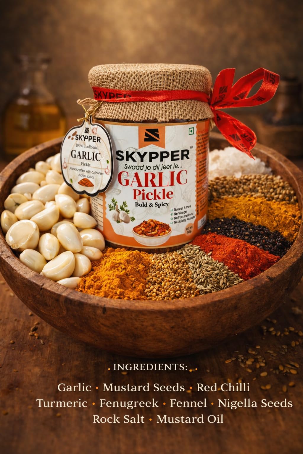 Skypper Garlic Pickle 500g | Authentic Bold & Spicy Indian Achar | Hand-Peeled Garlic, Sun-Dried & Pickled in Cold-Pressed Mustard Oil | 100% Natural, No Artificial Additives & No Chemicals | Food Graded Glass Jar - Image 6 thumbnail