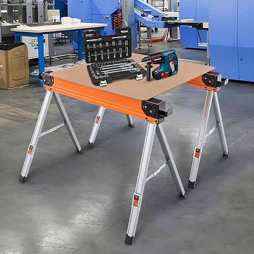 Miniatura 9 de Goplus Paquete de 2 caballos de sierra plegables, caballos de sierra portátiles plegables con capacidad de carga de 1100 libras, superficie